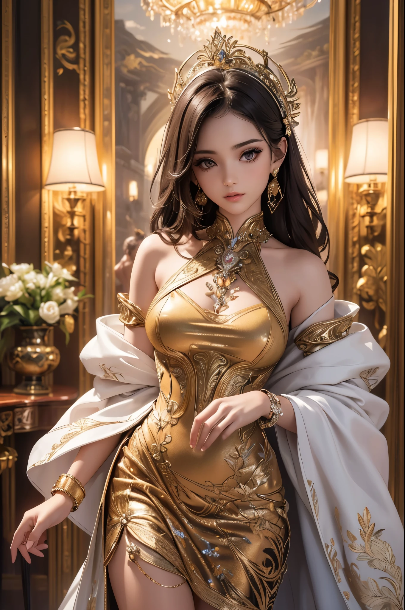 1girl, Solo, Masterpiece, Gorgeous metallic style with extreme detail, short hair,bun,big hair,high bow,senior. An eye for detail, metal crown. Adorned with ornate stripes, flowing hair, facial details, Silver ready-to-wear, Clothes with gold lace, topless, beautiful pussy, wide crotch, slim thighs, lustful.