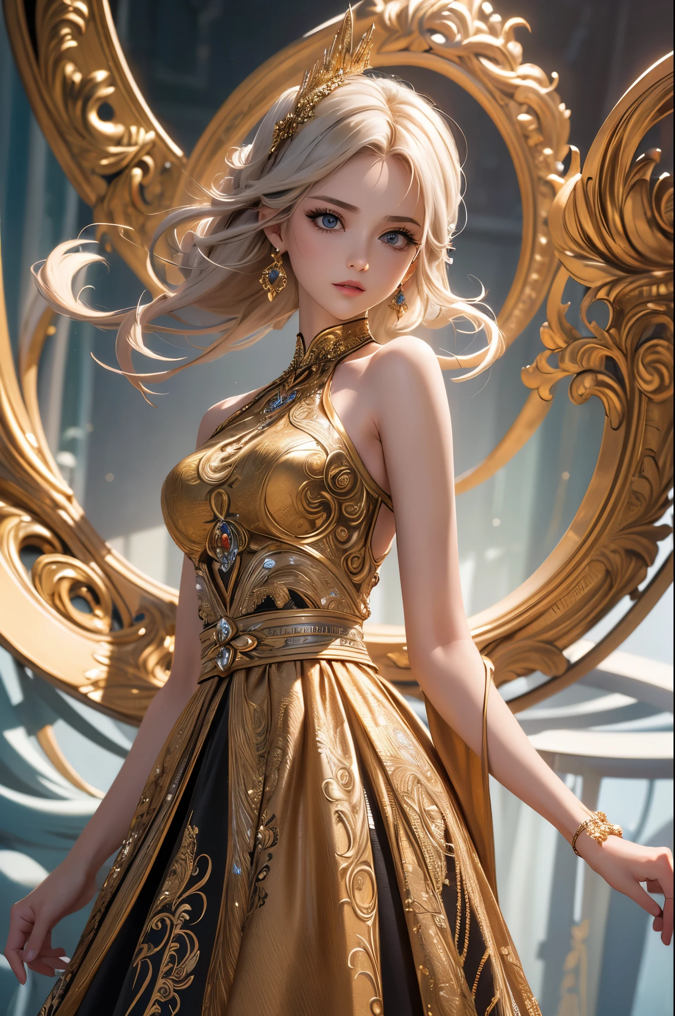 Oh-ho-ho, a glamorous young princess with long curly blonde hair mocking the lowly ones, clad in a long dress with lots of jewels and a gorgeous fan over her mouth,