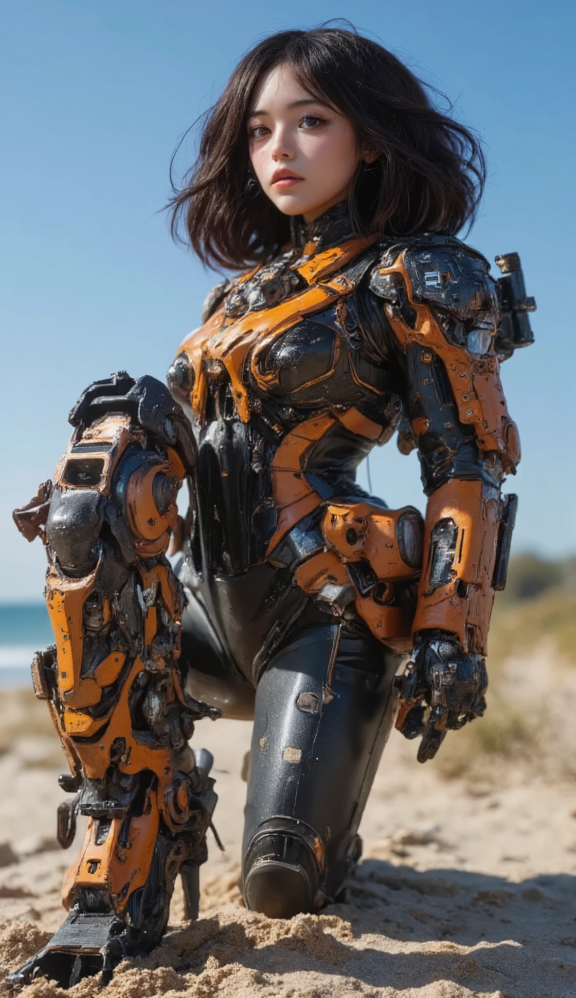  Cute Female Robot  , heavy weapons,  Glowing Joints and Gaps  , 新  super detailed  ,  brightly colored  ,  dynamic pose,  highly detailed face and eyes  , Intricate mechanical design with glowing white joints and gaps , Glowing Parts 、 amazing on the beach, black body photorealistic,  cinematic lighting,  soft lighting ,  chiaroscuro,  cinematic lighting、8k, masterpiece, U high res , retina, masterpiece, Accurate, 解剖学的にAccurate ,  textured skin  ,  super detailed  ,  high detail ,  High Quality  , Award winning  , 最  High Quality  , high res, 1080P, high res, 16k,  black hair、 twin braids ,  medium breasts,  messy hair, two-tone、Get on all fours on the floor、 blue sky、 black hair、 Female Robot Looking Up at the Sky 、  Full Body Portrait 、Jenna Ortega、