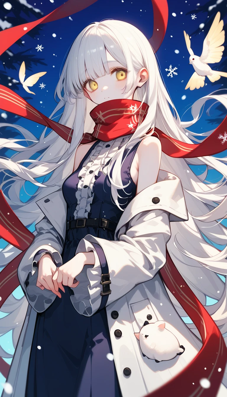 gothic ****ta cosplay, cute girl,  white trench coat, red silk scarf、masterpiece, (( long hair )), long white hair , very long straight hair, Short bangs, albino white skin, Pale yellow eyes , Narrow shoulders, Moderate breasts, white skin, skinny, ((( outdoor、cold、 snowing 世界、 snowing ))), (((Night Time)))