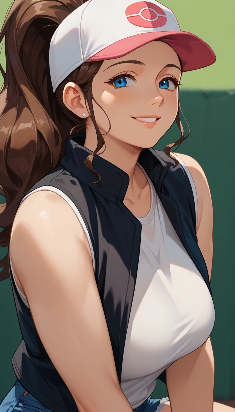 masterpiece, best quality, amazing quality, girl, outstretched hand, <lora:Maki Oze - Illu:0.9>, long hair, dark brown hair, ponytail, purple eyes, fit, black tank top, orange pants, orange jumpsuit, jacket around waist, orange jacket, forest, outdoors, garden,