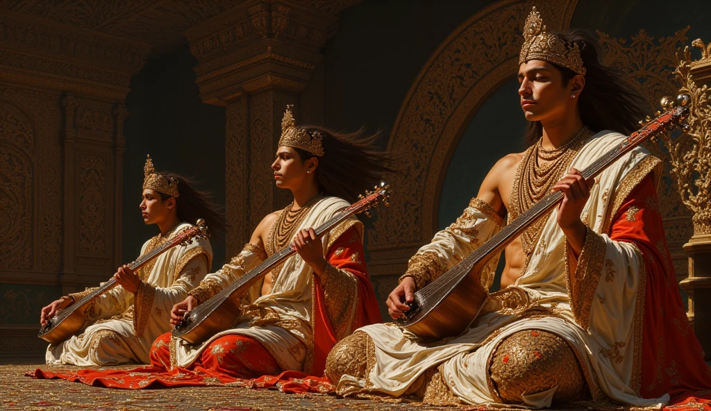 An awe-inspiring scene with a group of regal, handsome shirtless men seated in a grand celestial setting, all dressed in traditional Indian royal attire from different regions of ancient India. Their clothes are intricately embroidered with gold, silver, and gemstone-encrusted borders, representing their divine and royal status. Each man is playing a traditional Indian musical instrument — veena, sitar, mridangam, flute — their expressions serene, deeply immersed in the divine music they are creating. Their long flowing hair and intricate jewelry add a timeless, mythical quality to their appearance. The overall color palette is rich, and luminous, with a fusion of the Renaissance and the regal. 