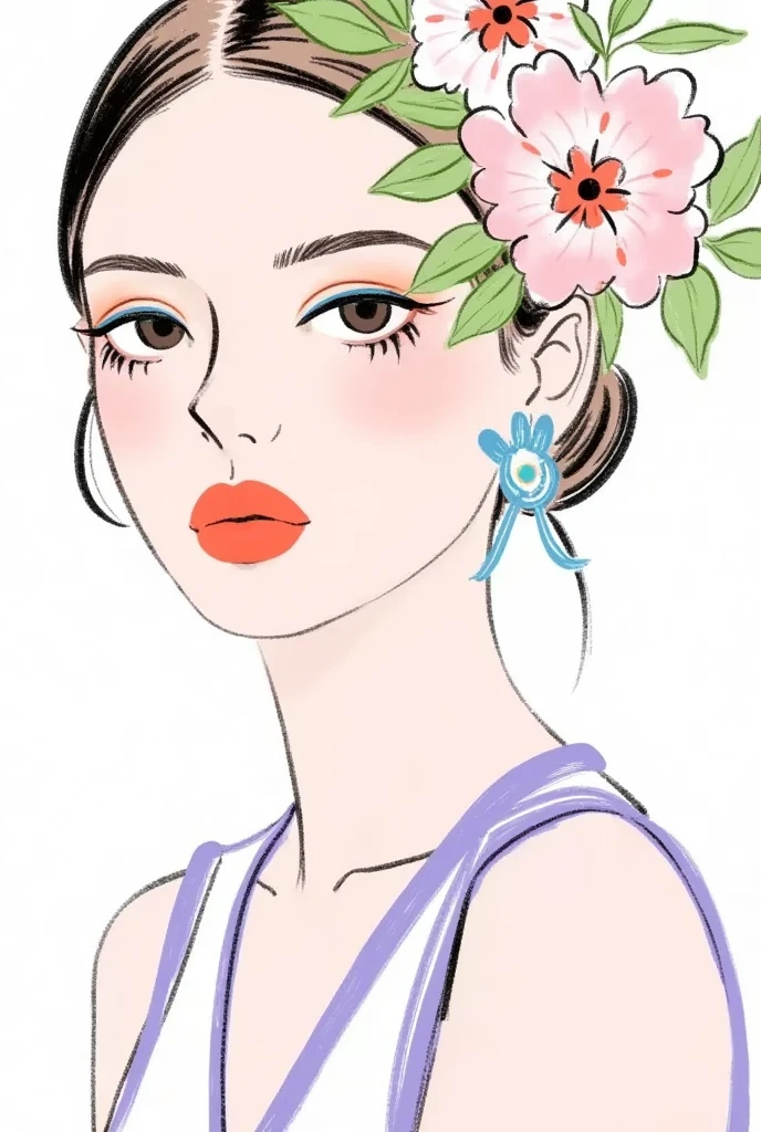  fashion design sketch ：Girl illustration,luxury floral jewelry , ,  digital painting , Fine Hair, (Black Line)，Illustration style, Digital Illustration,  Color Sketch , watercolor Illustration style,