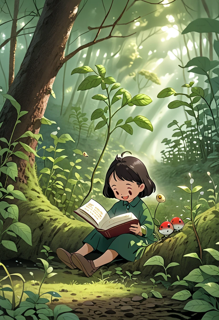 A  reading a book in the deep forest，A  observes the germination of a seed，Both were happy