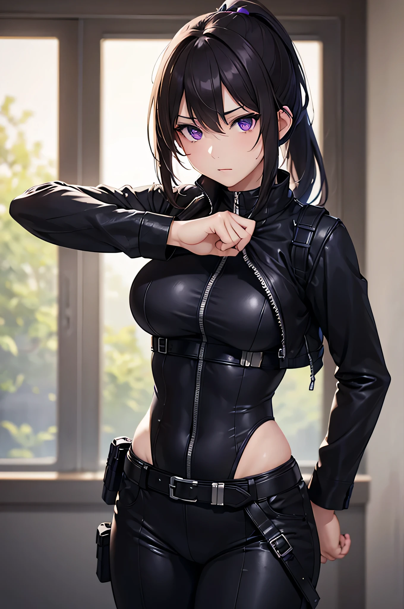 8k resolution,(( top quality )), super high res,Adult female, Alone, sexy, ( with a bleak expression), ( purple eyes), beautiful symmetrical face , (Black long ponytail),Black combat vest,assassin's catsuit, suit pants, realistic :1.4, realistic :1.4,( Masterpiece :1.2), perfect eyes, perfect eyes, anatomically correct human body,Dark Ruins,mercenary, tactical belt ,holster,gun, muscular,Curvy Body