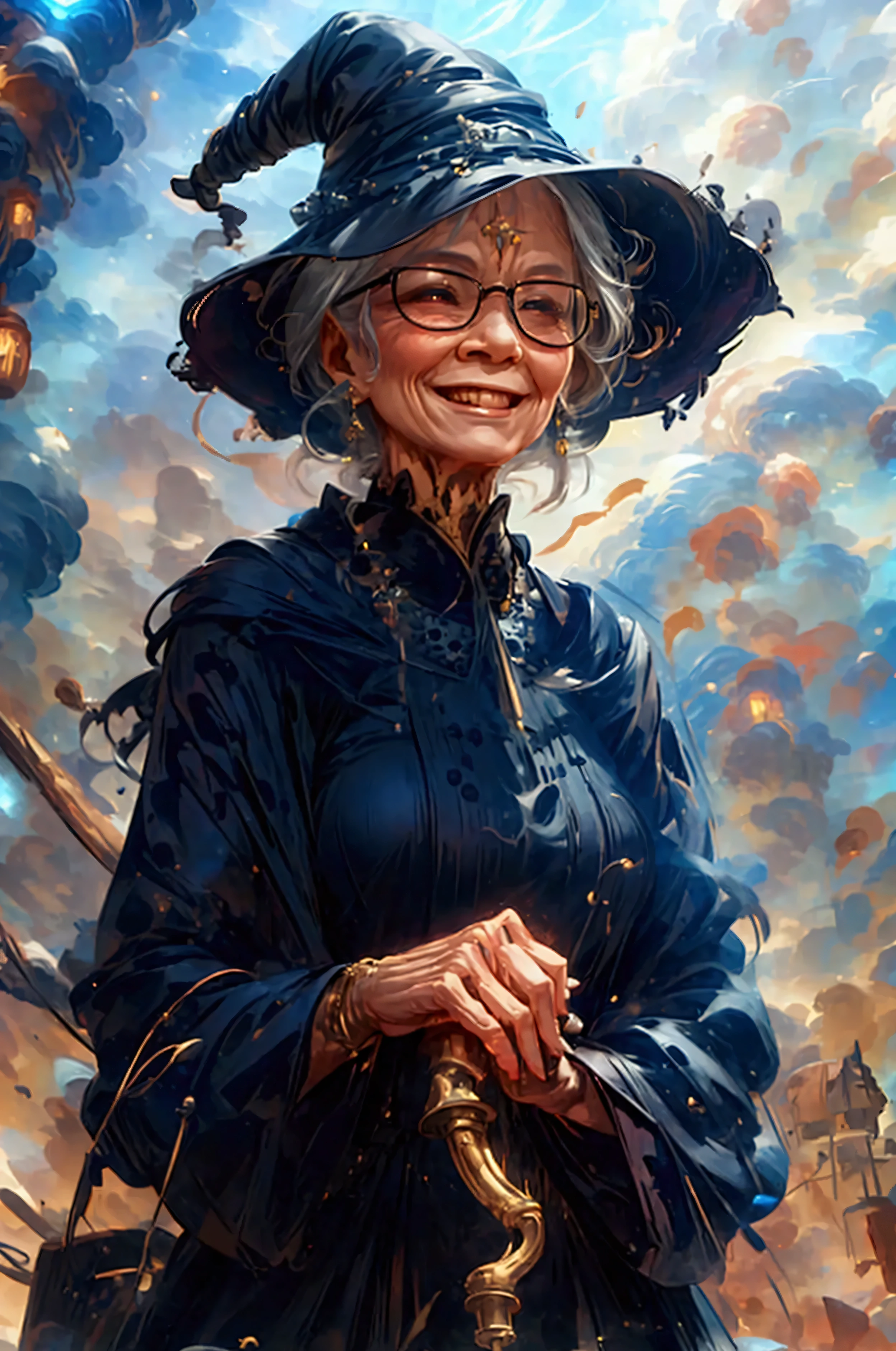 very old woman in a black dress with a beautifully crafted cane, smiling gently , An atmosphere that exudes the excitement of adventure。An atmosphere that makes you feel happy and joyful。High Fantasy Worldview, Beautiful depiction of grand composition and proportions