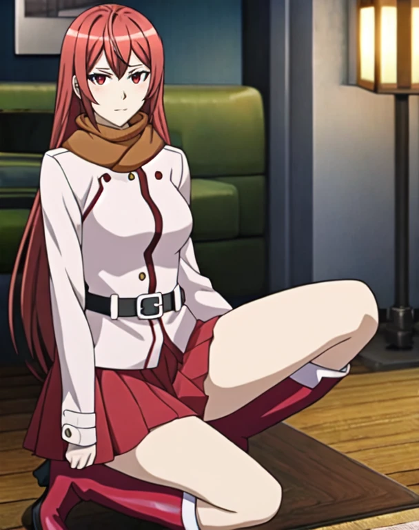 (masterpiece,ultra-detailed,best quality,8K,CG,illustration,shaved:1.0),solo focus,1girl, Hakaze,long hair,red hair,red eyes, 
BREAK
scarf,long sleeves,red skirt,belt,knee boots,indoors
BREAK 
looking at viewer,full body