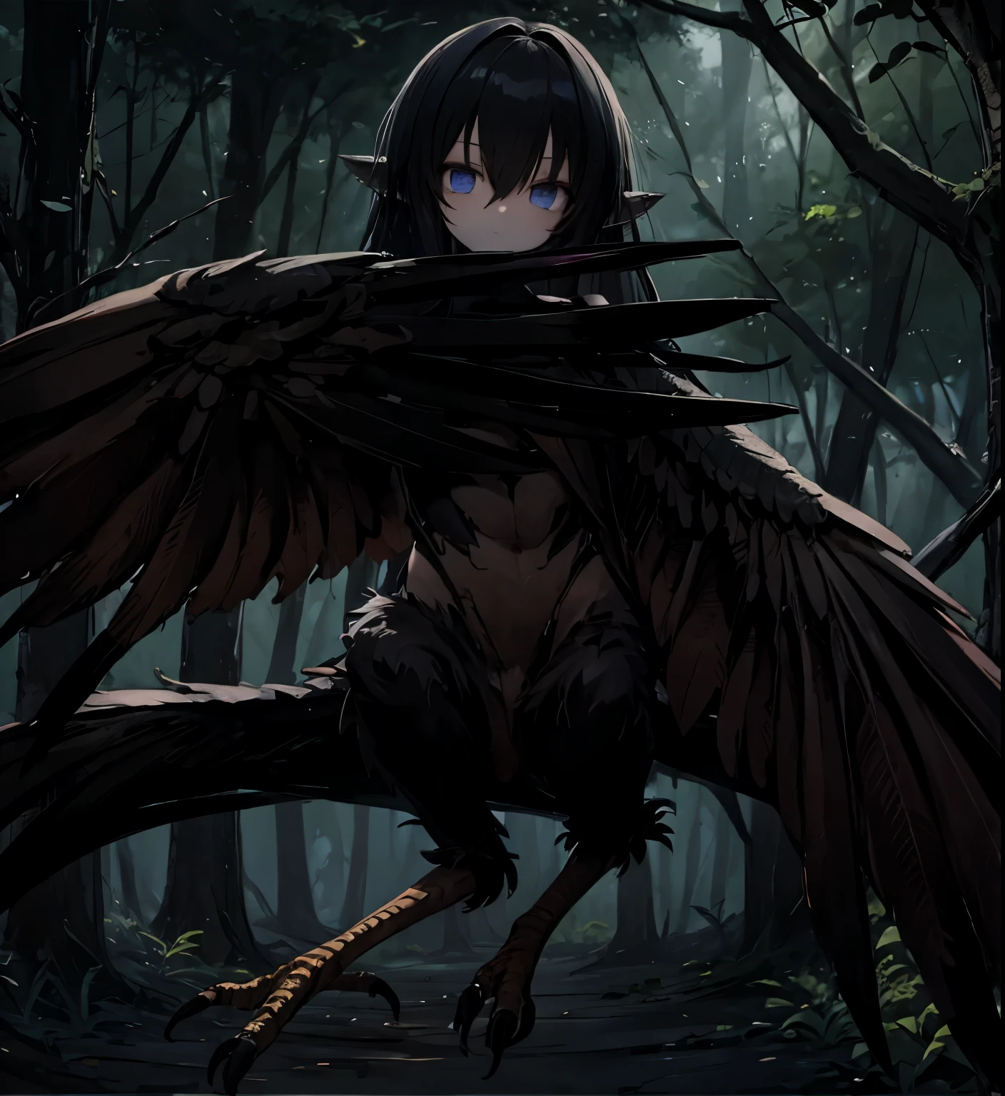 harpy,forest,darkness, are expressionless