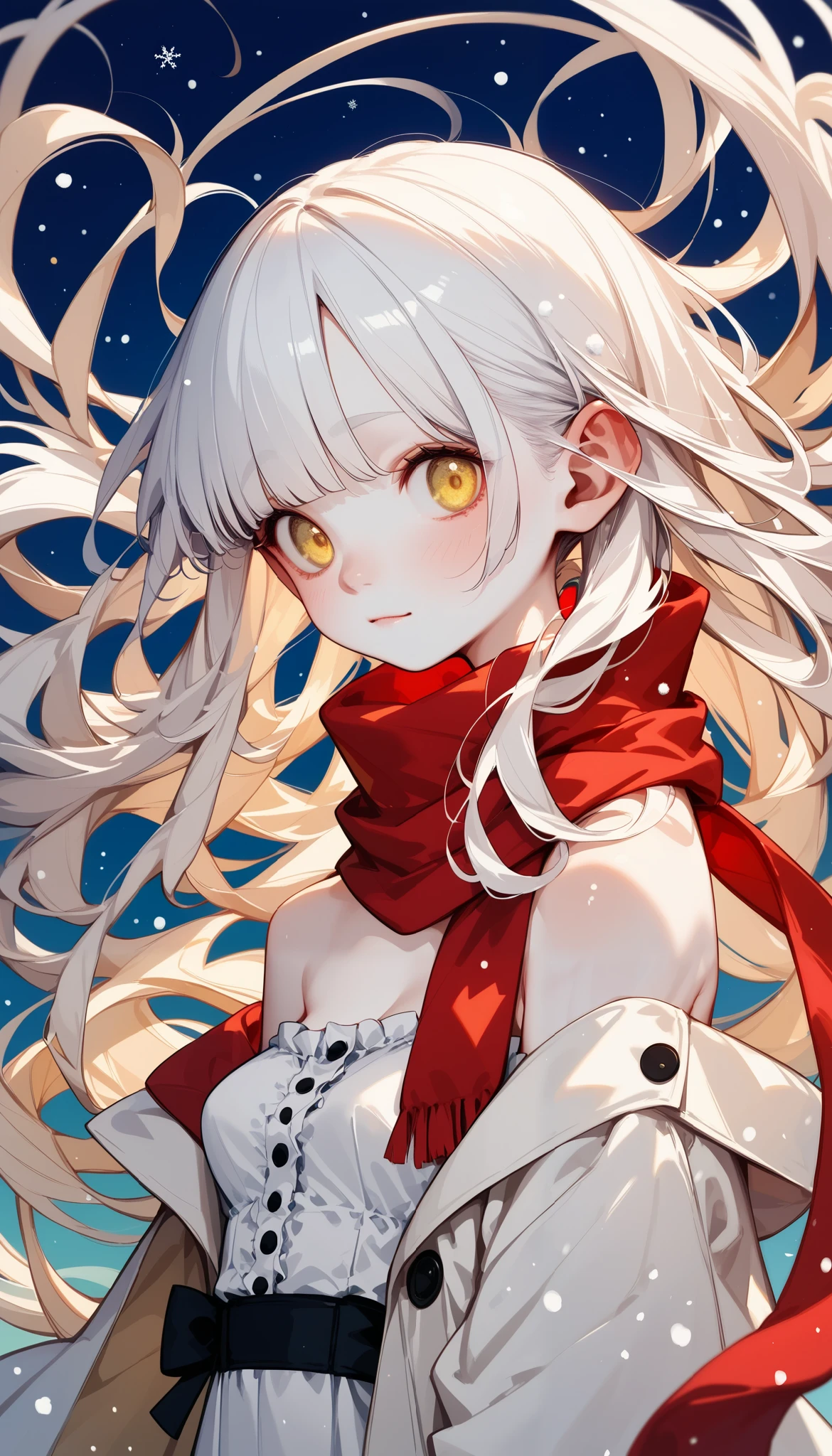 gothic ****ta cosplay, cute girl,  white trench coat, red silk scarf、masterpiece, (( long hair )), long white hair , very long straight hair, Short bangs, albino white skin, Pale yellow eyes , Narrow shoulders, Moderate breasts, white skin, skinny, ((( outdoor、cold、 snowing 世界、 snowing ))), (((Night Time)))