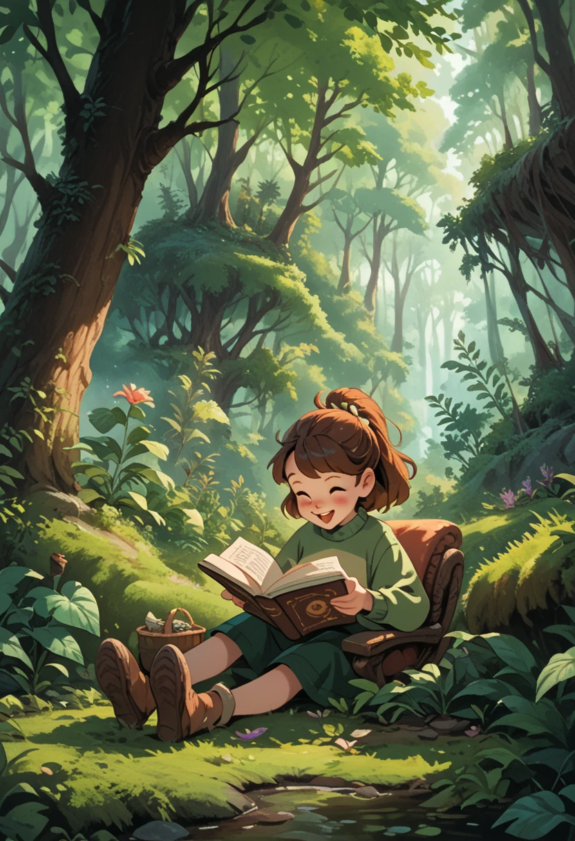 A  reading a book in the deep forest，A  observes the germination of a seed，Both were happy