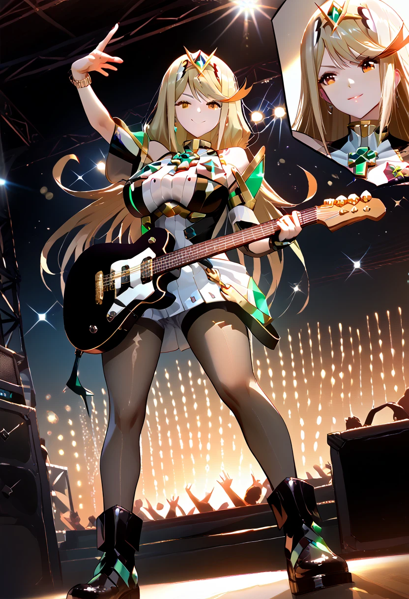 electric_guitar, playing_instrument,source_furry, rating_safe, full body, gold necklace, pale skin, large breasts, skinny female, close up, from below, half-closed eyes:1.5, smile mouth:1.2, pink style, punk suit, one-piece, pantyhose, boots, makeup, dynamic pose, erotic, on rock-festivals stage, concert, stage lights, stage, crowd, mythra \(xenoblade\), 1girl, yellow eyes, swept bangs, long hair, very long hair, blonde hair