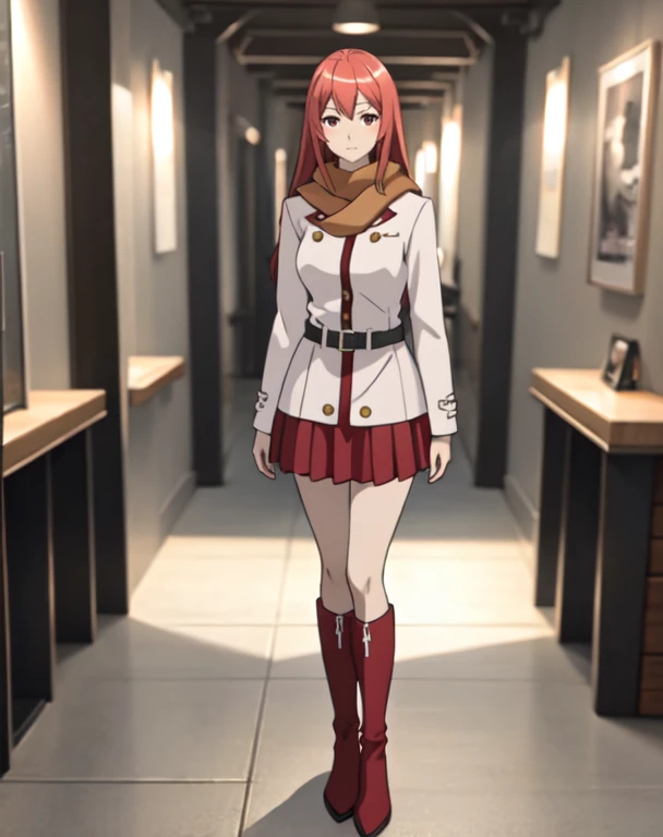 (masterpiece,ultra-detailed,best quality,8K,CG,illustration,shaved:1.0),solo focus,1girl, Hakaze,long hair,red hair,red eyes, BREAK scarf,long sleeves,red skirt,belt,knee boots,indoors BREAK looking at viewer,full body