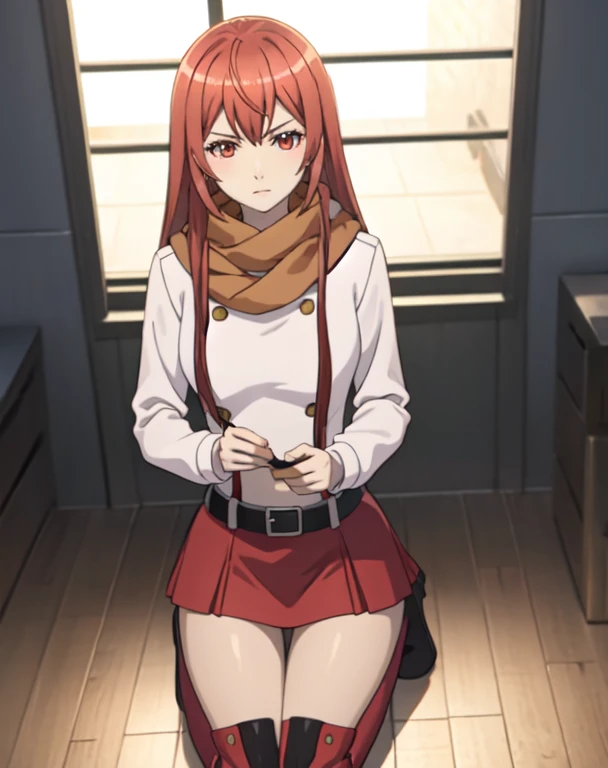 (masterpiece,ultra-detailed,best quality,8K,CG,illustration,shaved:1.0),solo focus,1girl, Hakaze,long hair,red hair,red eyes, BREAK scarf,long sleeves,red skirt,belt,knee boots,indoors BREAK looking at viewer,full body