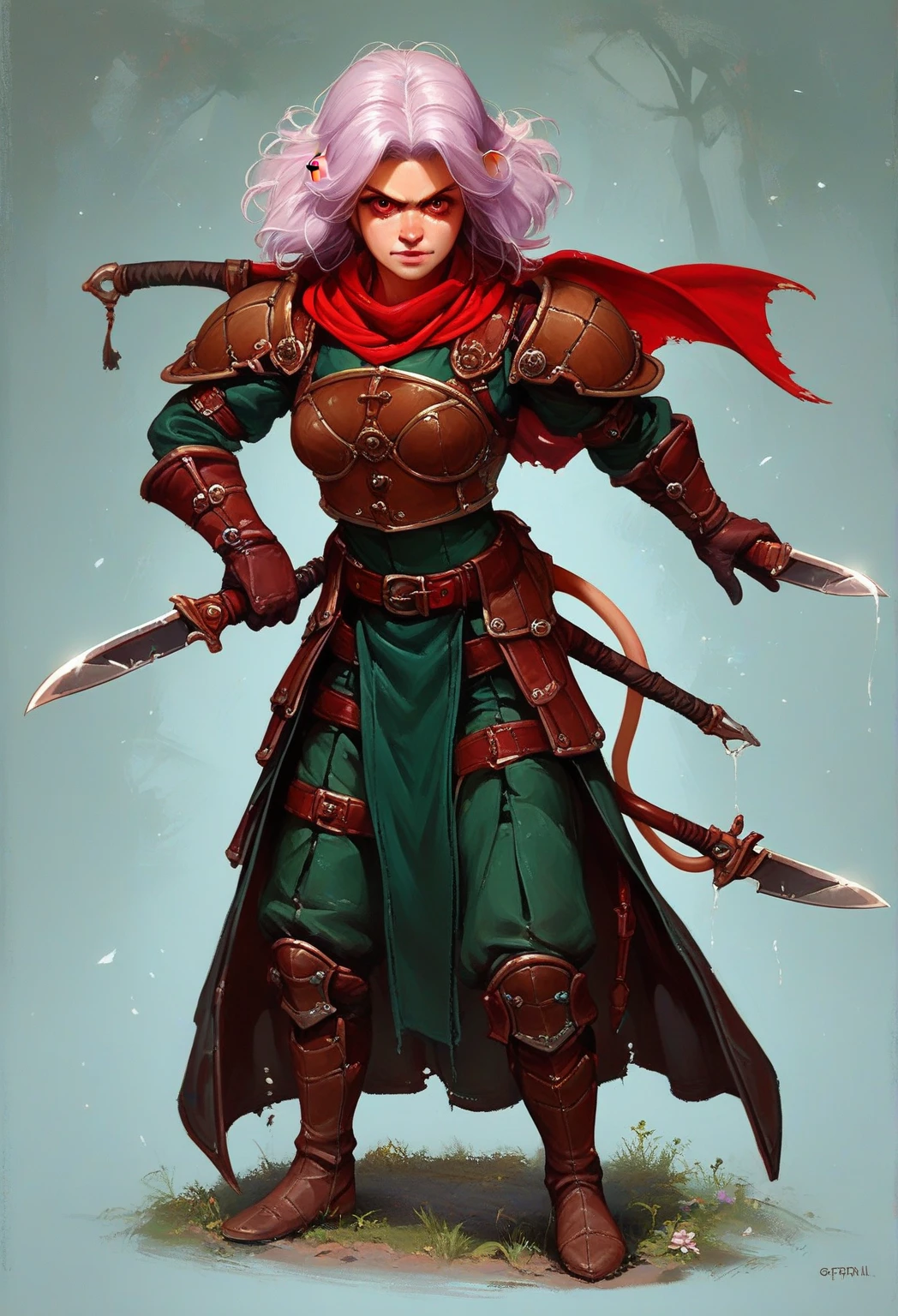 diterlizziartai, human female, female with gremlin ears, female with patterned skin, female with demon eyes, full body view, rogue armor, medieval armor, leather armor, scarf, woman wielding a sickle weapon, solo female, action pose, lavender and black speckled skin, red eyes, woman with scorpion tail, woman with wide gremlin ears