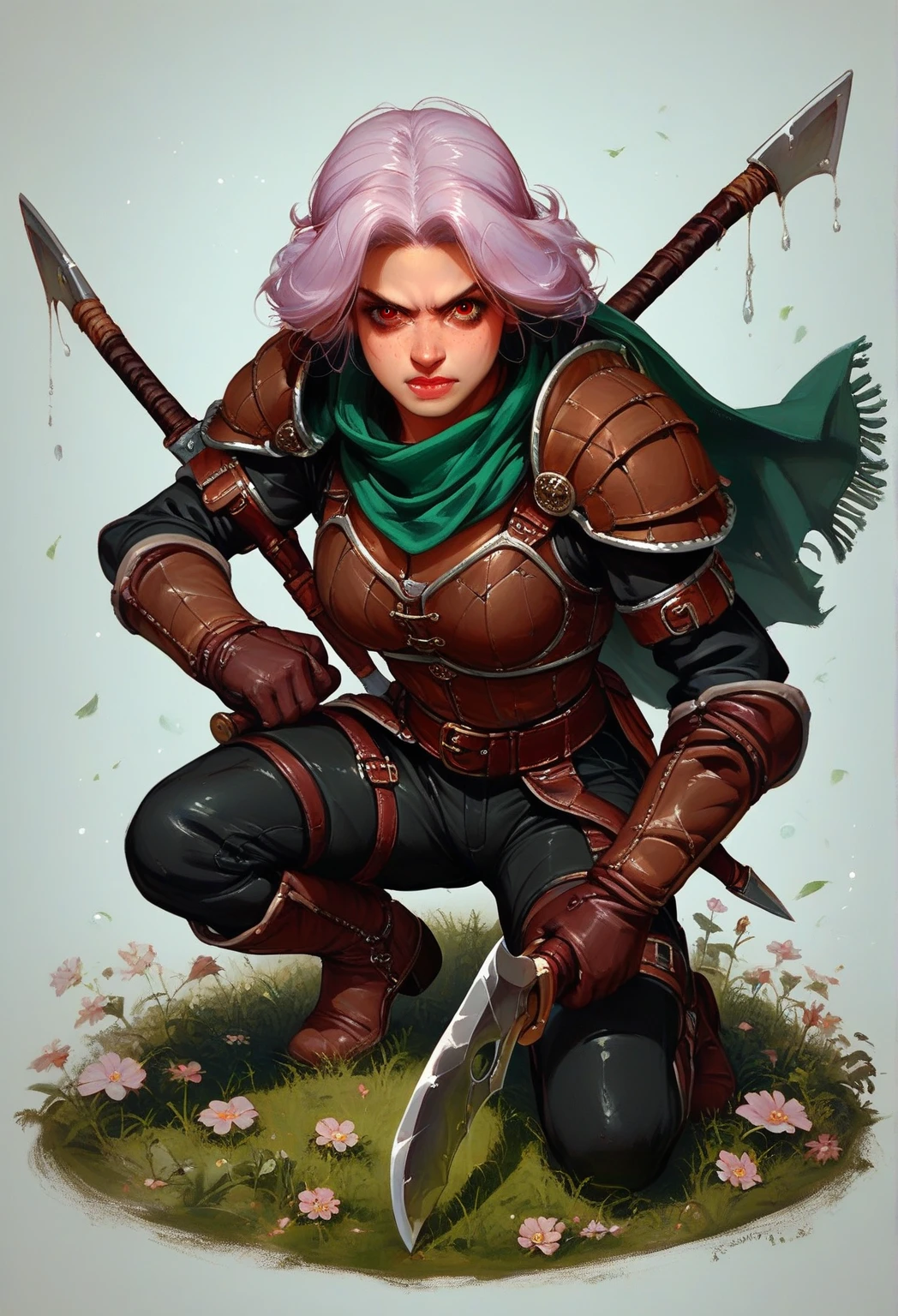 diterlizziartai, human female, female with gremlin ears, female with patterned skin, female with demon eyes, full body view, rogue armor, medieval armor, leather armor, scarf, woman wielding a sickle weapon, solo female, action pose, lavender and black speckled skin, red eyes, woman with scorpion tail, woman with wide gremlin ears