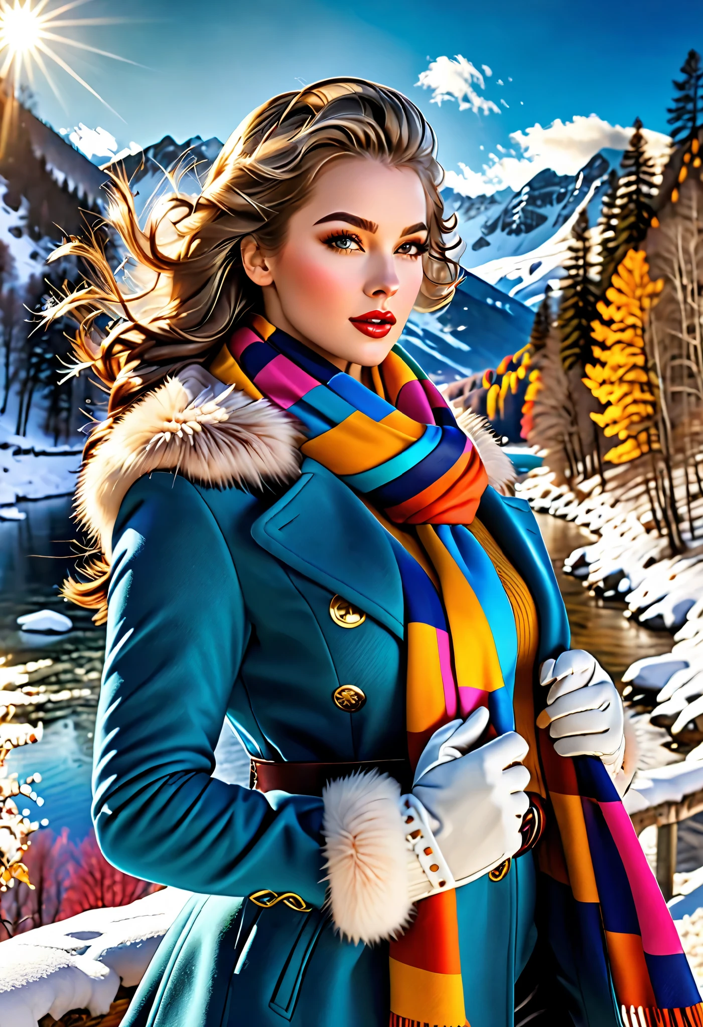  beautiful colors ,  1 girl fights,  Beautiful curvy hair , barrette , Small Makeup , scarf, coat,  warm pants ,  fur gloves ,  perfect anatomy , snowy background , winter, Mountains, a river, trees, Sun, clouds, bright colors, (8 k,  complicated details,  better quality ,  complex textures ,  masterpiece fails,  maximum quality),