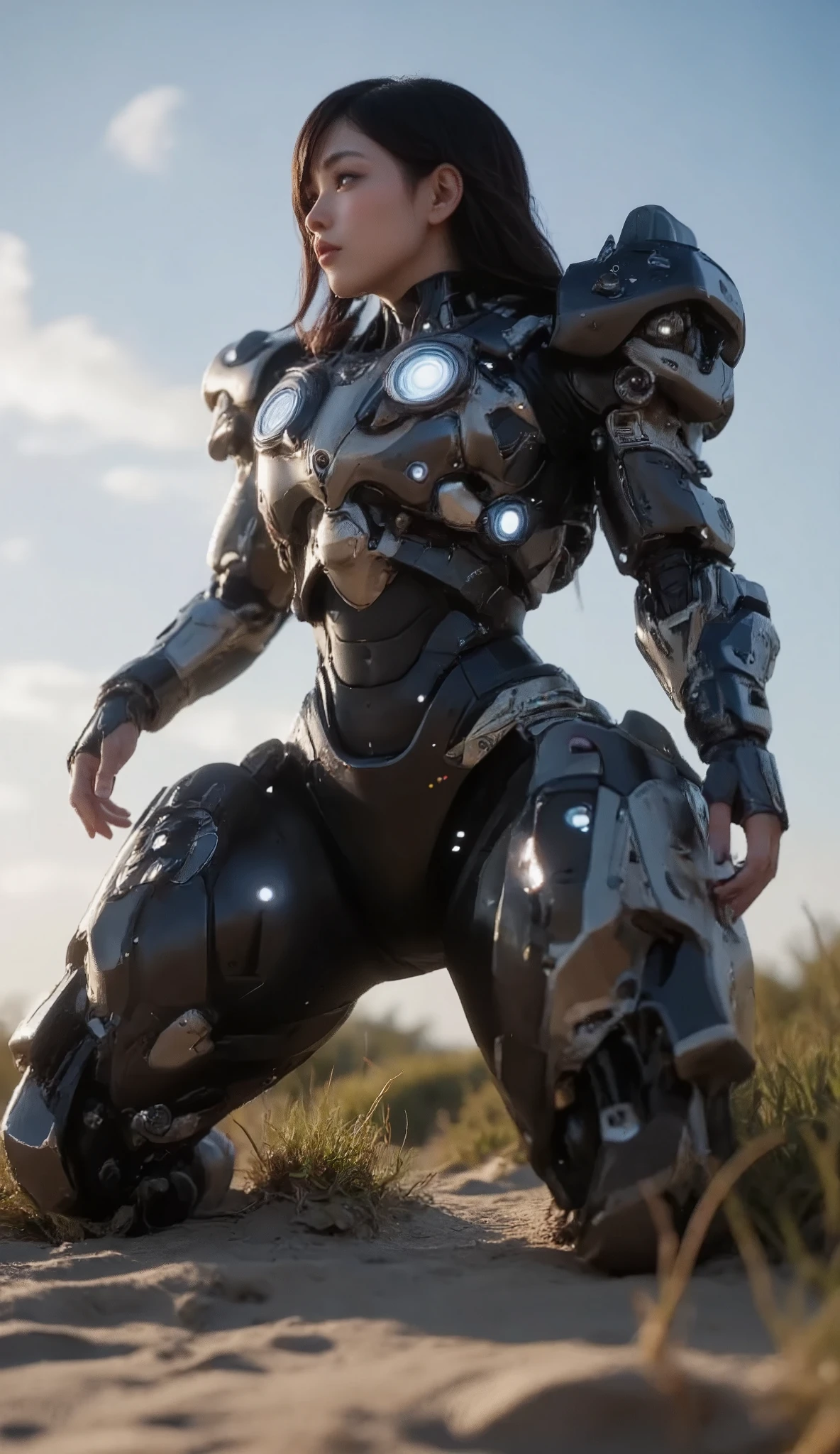 Cute Female Robot , heavy weapons, Glowing Joints and Gaps , 新 super detailed , brightly colored , dynamic pose, highly detailed face and eyes , Intricate mechanical design with glowing white joints and gaps , Glowing Parts 、 amazing on the beach, black body photorealistic, cinematic lighting, soft lighting , chiaroscuro, cinematic lighting、8k, masterpiece, U high res , retina, masterpiece, Accurate, 解剖学的にAccurate , textured skin , super detailed , high detail , High Quality , Award winning , 最 High Quality , high res, 1080P, high res, 16k, black hair、23 Braids , medium breasts, messy hair, two-tone、Capoeira poses、 blue sky、 black hair、 Female Robot Looking Up at the Sky 、 Full Body Portrait 、Jenna Ortega、