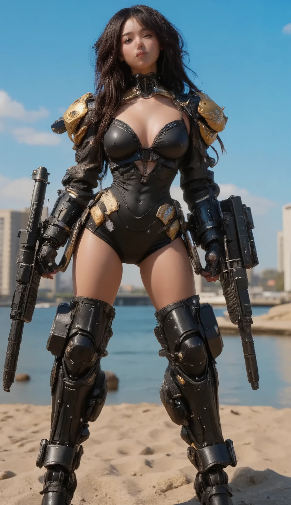  Cute Female Robot  , heavy weapons,  Glowing Joints and Gaps  , 新  super detailed  ,  brightly colored  ,  dynamic pose,  highly detailed face and eyes  , Intricate mechanical design with glowing white joints and gaps , Glowing Parts 、 amazing on the beach, black body photorealistic,  cinematic lighting,  soft lighting ,  chiaroscuro,  cinematic lighting、8k, masterpiece, U high res , retina, masterpiece, Accurate, 解剖学的にAccurate ,  textured skin  ,  super detailed  ,  high detail ,  High Quality  , Award winning  , 最  High Quality  , high res, 1080P, high res, 16k,  black hair、２3 Braids ,  medium breasts,  messy hair, two-tone、Capoeira poses、 blue sky、 black hair、 Female Robot Looking Up at the Sky 、  Full Body Portrait 、Jenna Ortega、