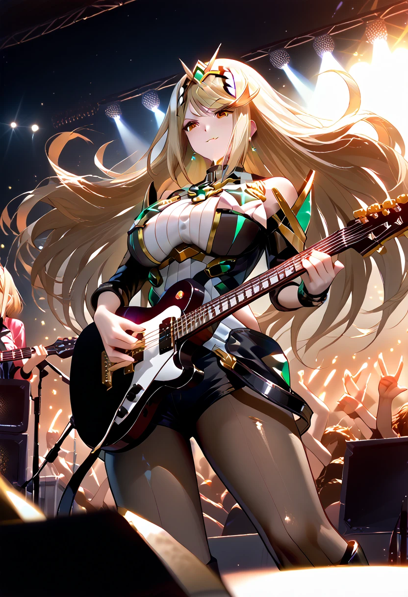 electric_guitar, playing_instrument,source_furry, rating_safe, cowboy shot, gold necklace, pale skin, large breasts, skinny female, close up, from below, half-closed eyes:1.5, smile mouth:1.2, pink style, punk suit, one-piece, pantyhose, boots, makeup, dynamic pose, erotic, on rock-festivals stage, concert, stage lights, stage, crowd, mythra \(xenoblade\), 1girl, yellow eyes, swept bangs, long hair, very long hair, blonde hair