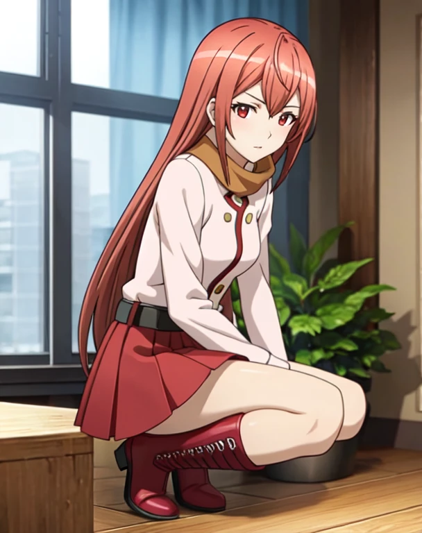 (masterpiece,ultra-detailed,best quality,8K,CG,illustration,shaved:1.0),solo focus,1girl, Hakaze,long hair,red hair,red eyes, BREAK scarf,long sleeves,red skirt,belt,knee boots,indoors BREAK looking at viewer,full body

