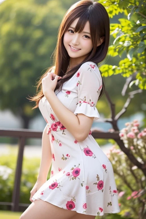 A Japanese model woman is wearing a dress and taking pictures, sexy floral dress,  Gorgeous Young Japanese Woman ,  beautiful women,  Japanese girl ,   beautiful young Japanese woman ,  Open dress,   sophisticated gravure idol,   looking at camera、 Detailed Beautiful Eyes 、 cute smile、 a soft and gentle expression 