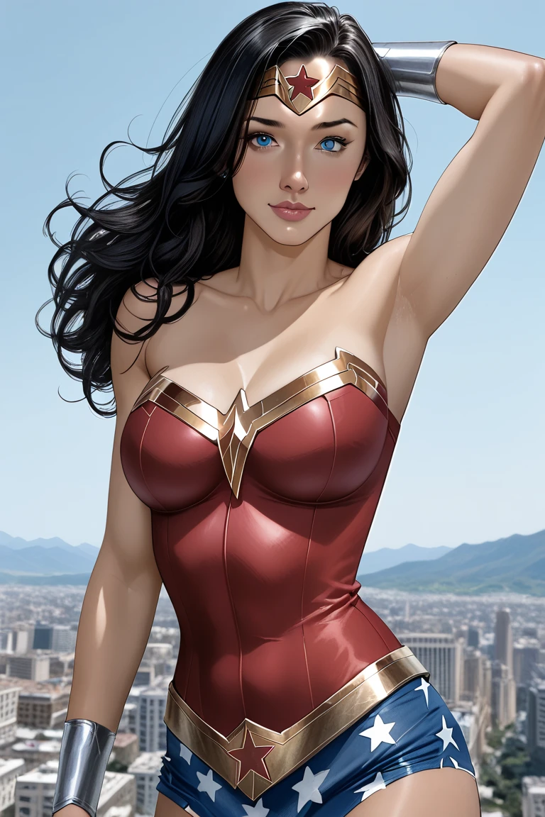  drawing of a woman flying through the air with a young woman,  sexy painting of Gal Gadot ,  Wonder Woman , DC Comics Art Style, de Mark Brooks, retrato de  Wonder Woman , link,  hybrid of Gal Gadot , inspired by Mark Brooks, Gal Gadot as Hell Lord , comic book art,  Dwayne Johnson as Wonder Woman , DC comics style