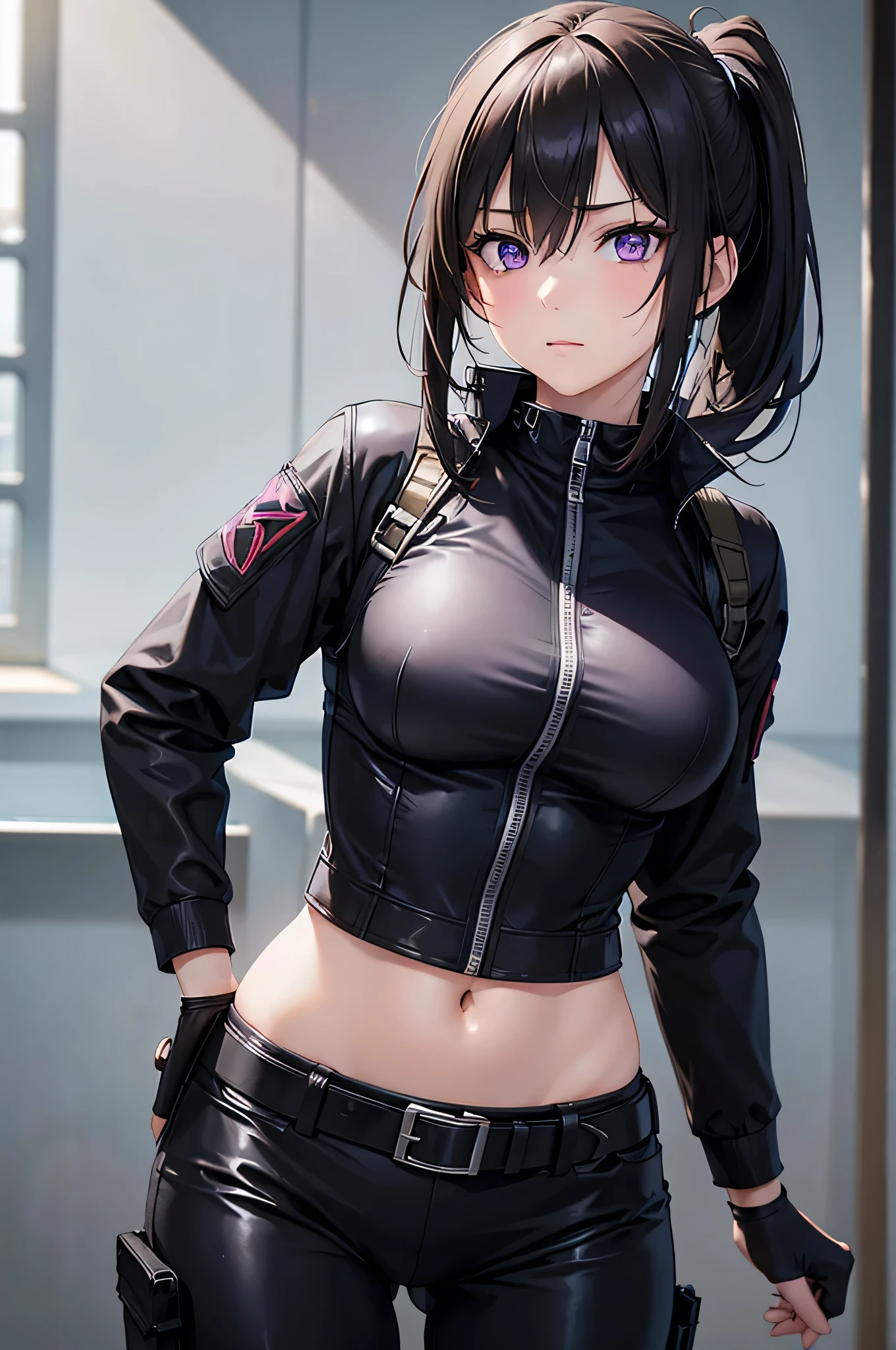 perfect ???????, 1girl, solo, SawaragiShiho, black hair, long hair, big breast, blush, lipstick, fur trim, mature female, gloves, fur-trimmed coat, outdoors, rooftop, cityscape, building, railing, night, night sky, scenery, city lights, masterpiece, best quality, highly detailed, a girls with a gun, evil smile , open mouth, sexy gaze, badass
pose , evil smile, smile, (nsfw) not safe for work, guns blazing, anime girl with long hair, beautiful long
haired girl, navel, evil expression, exposed belly, exposed navel, exposed midriff, exposed lower belly,
long black pants, crop top, cleavage, unbuttoned leather pants ,open fly, low rise black leather pants,
leather jacket, holding a gun, navel piercing