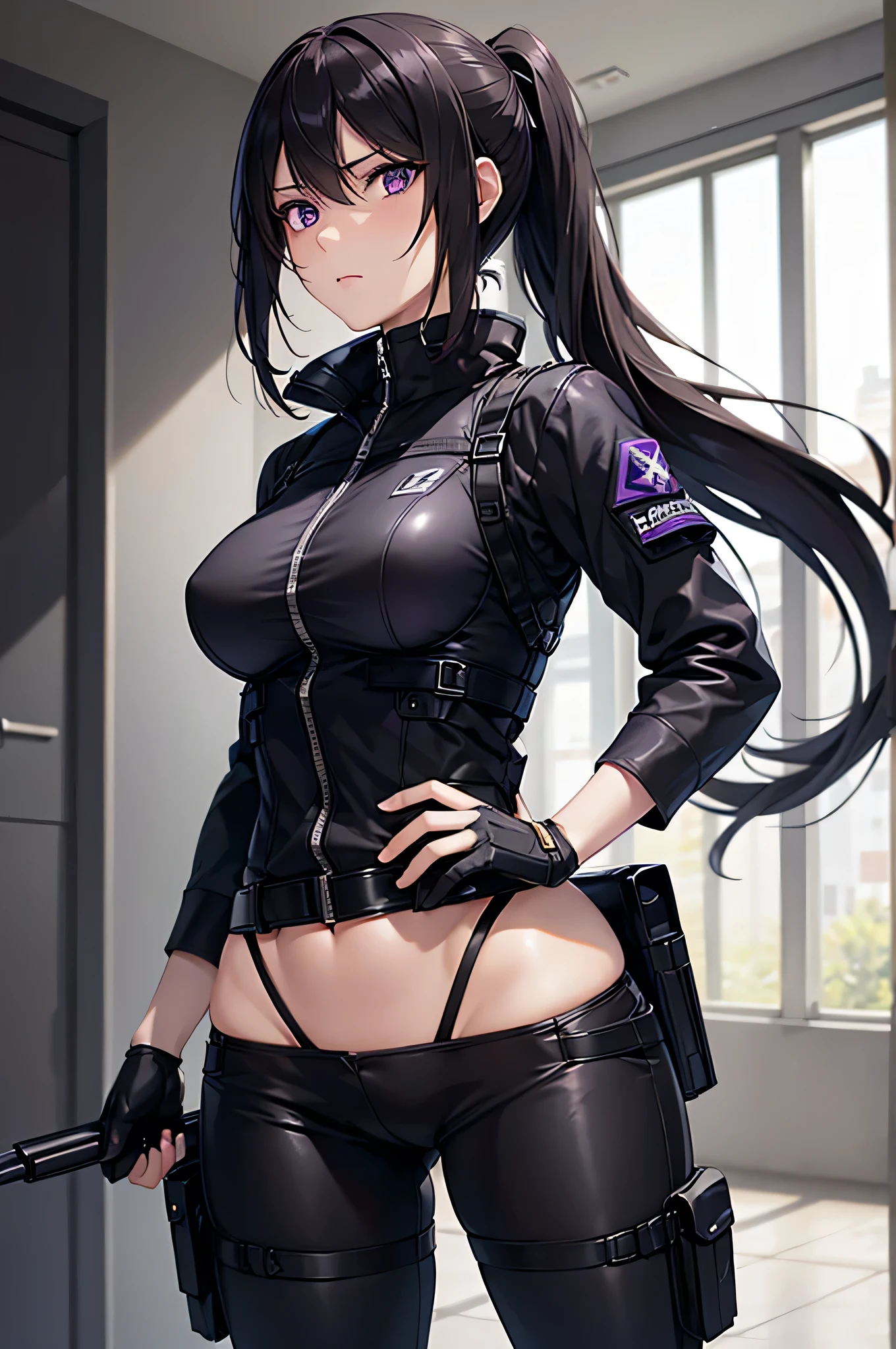 8k resolution,(( top quality )), super high res,Adult female, Alone,  sexy, ( with a bleak expression), ( purple eyes),  beautiful symmetrical face , (Black long ponytail),Black combat vest,assassin's catsuit, suit pants, realistic :1.4, realistic :1.4,(  Masterpiece  :1.2), perfect eyes, perfect eyes, anatomically correct human body,Night Battlefield,mercenary, tactical belt ,holster,gun, muscular,Curvy Body