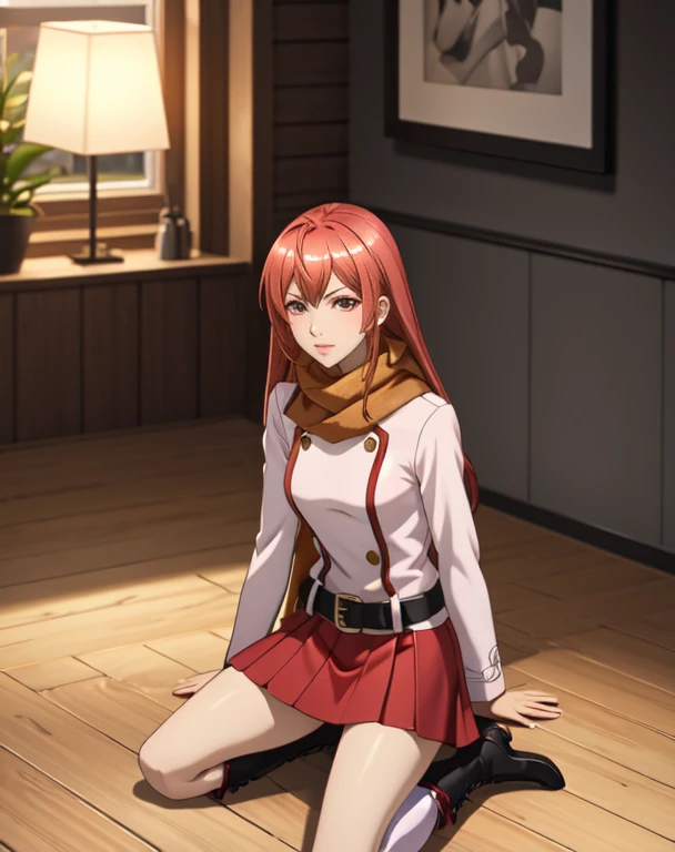 (masterpiece,ultra-detailed,best quality,8K,CG,illustration,shaved:1.0),solo focus,1girl, Hakaze,long hair,red hair,red eyes, BREAK scarf,long sleeves,red skirt,belt,knee boots,indoors BREAK looking at viewer,full body