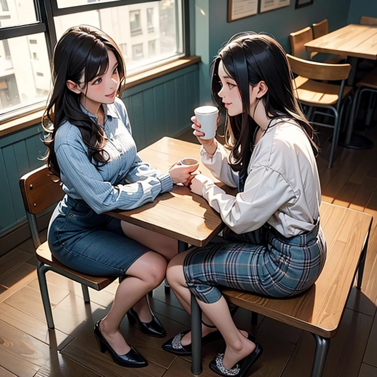 Model-like Japanese university students chatting happily at a cafe.、Sitting on a chair、Very short skirt、I can see my feet from under the desk、cafes、Looking into the distance、ami、portrait shooting、Very detailed face、Face like an idol、One leg raised、Panties are visible、extremely short skirts、slit、Thigh、s ass、Looking into the distance