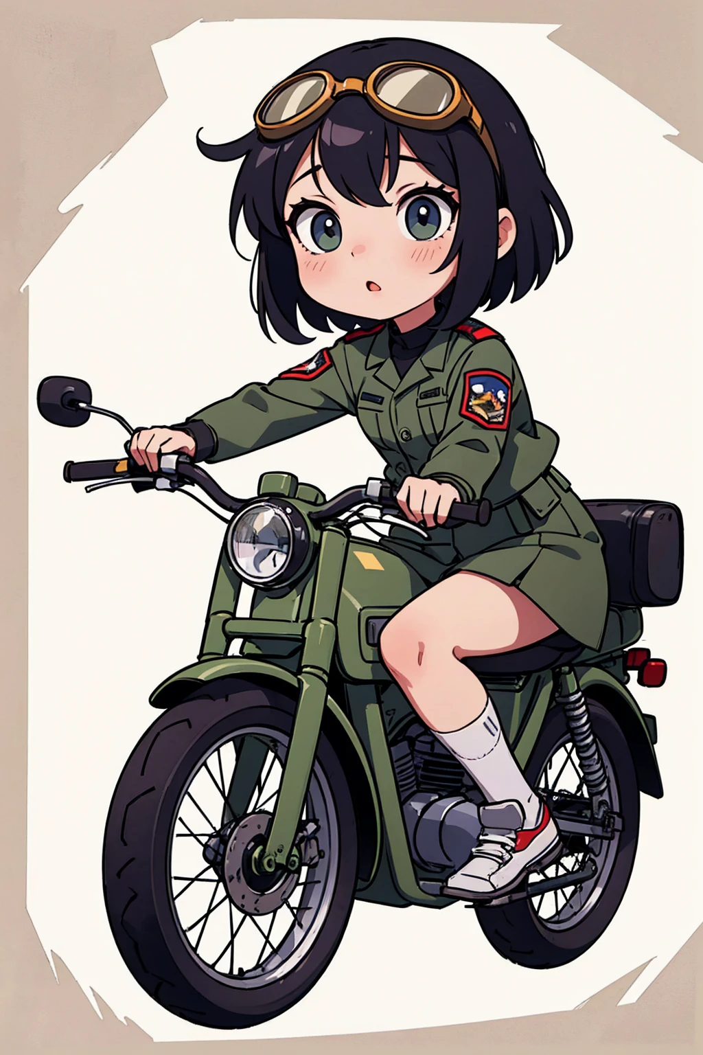 masterpiece,最 High Quality , high res,Extremely clear 8K wallpaper, High Quality , armybiker style, 1girl, uniform, goggles、vintage army bike、 chibi