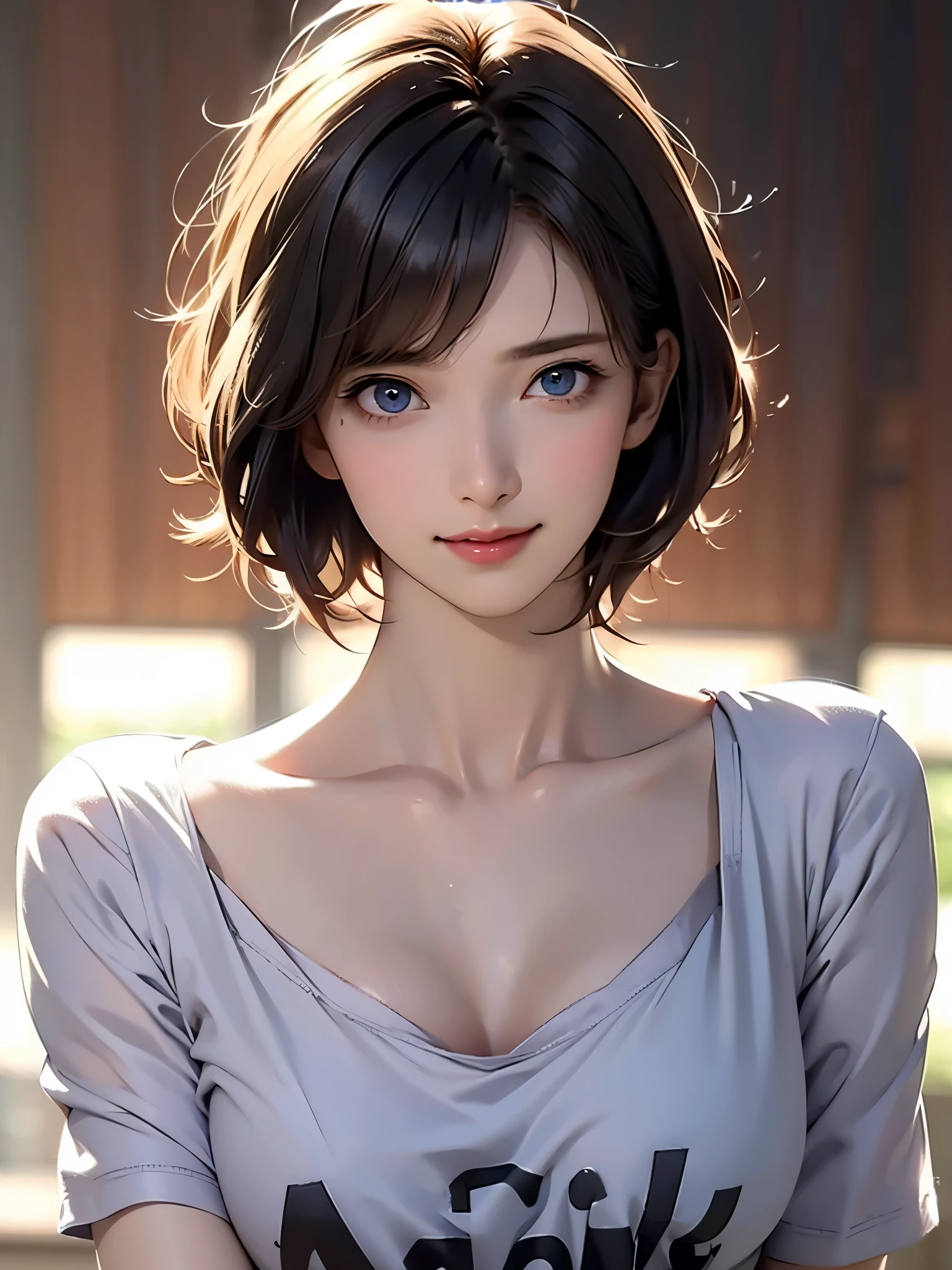  top quality ,  super high res, (Photographically: 1.4),  beautiful eyes ,  very beautiful,  short hair, Beautiful breasts, spouse, shortage々 flattering chest that invites viewers,  with rough breasts, eyes that invite viewers, spouse's eyes, T-shirt with an inviting look ,  Sexy Smile  ,  Perfect Style,  Perfect Balance ,  detailed skin, Naughty Eyes,  chest visible