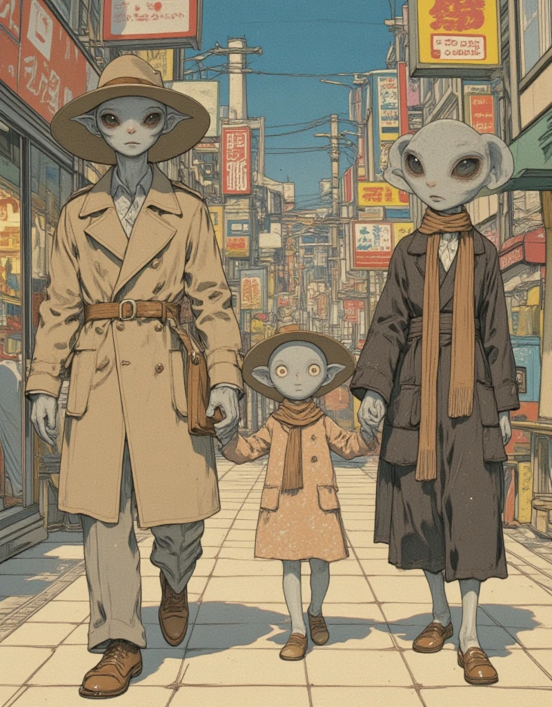 Three gray aliens, parent and . An adult alien wearing a trench coat and hat, a  alien wearing ren's clothes, and an alien dressed as a housewife with a scarf. The three gray aliens are walking side by side, holding hands, with the  alien in the middle. On the way home in the evening, a nostalgic shopping street, a fun atmosphere, family love, extraterrestrial life, alien shape, 1960s, made by Tatsuro Kiuchi, Acryl Gouache & Watercolor Pencils, Pulp Fiction, in the style of james-jean, faded nostalgic illustrations, detailed 2d illustration, film noise, blurry