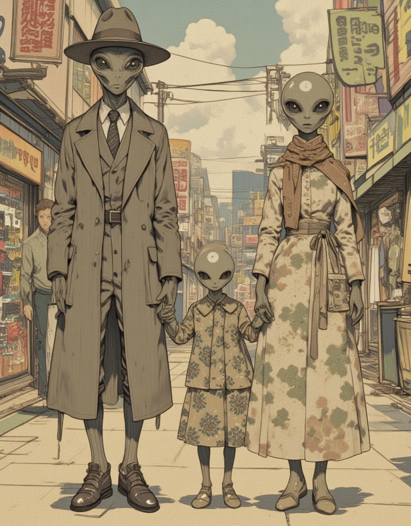 Three gray aliens, parent and . An adult alien wearing a trench coat and hat, a  alien wearing ren's clothes, and an alien dressed as a housewife with a scarf. The three gray aliens are walking side by side, holding hands, with the  alien in the middle. On the way home in the evening, a nostalgic shopping street, a fun atmosphere, family love, extraterrestrial life, alien shape, 1960s, made by Tatsuro Kiuchi, Acryl Gouache & Watercolor Pencils, Pulp Fiction, in the style of james-jean, faded nostalgic illustrations, detailed 2d illustration, film noise, blurry