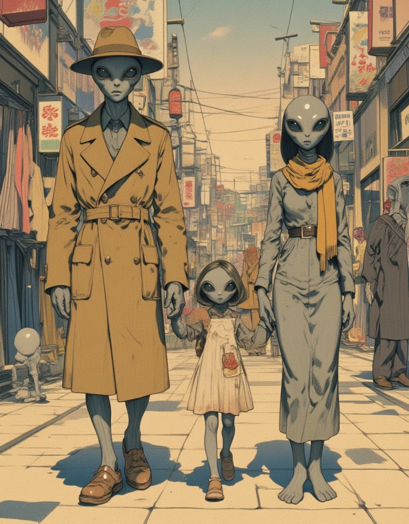 Three gray aliens, parent and . An adult alien wearing a trench coat and hat, a  alien wearing ren's clothes, and an alien dressed as a housewife with a scarf. The three gray aliens are walking side by side, holding hands, with the  alien in the middle. On the way home in the evening, a nostalgic shopping street, a fun atmosphere, family love, extraterrestrial life, alien shape, 1960s, made by Tatsuro Kiuchi, Acryl Gouache & Watercolor Pencils, Pulp Fiction, in the style of james-jean, faded nostalgic illustrations, detailed 2d illustration, film noise, blurry