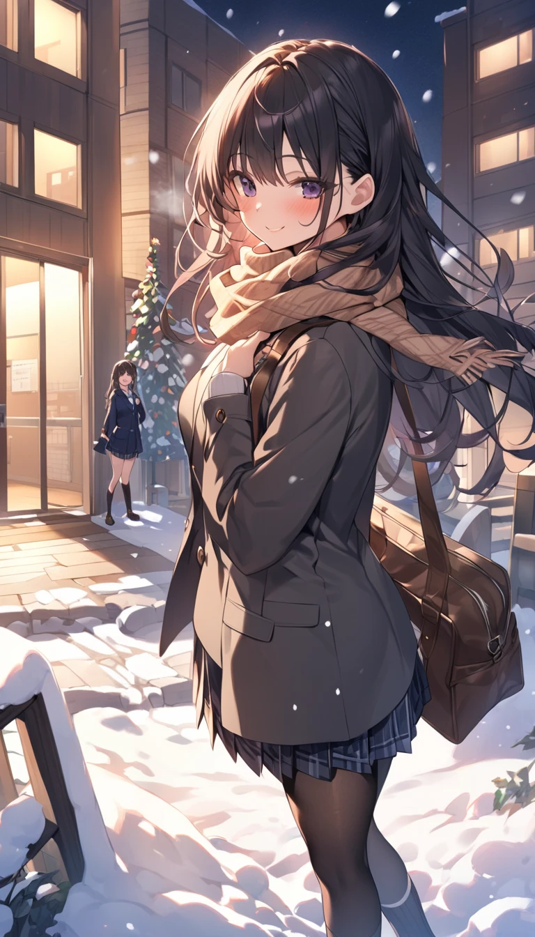One Woman、beautiful girl、after school、evening、high school girl、Academy、Back of the school building、Schoolyard、It's snowing、Snowfall、Blazer uniform、Pleated skirt、Duffle coat、Black knee-high socks、Long Hair、Wearing a scarf、Highest quality, Thick thighs、Big 、Black Hair、The girl is blushing、To the audience、Holding a love letter in both hands、Present a love letter to the audience、White Breath