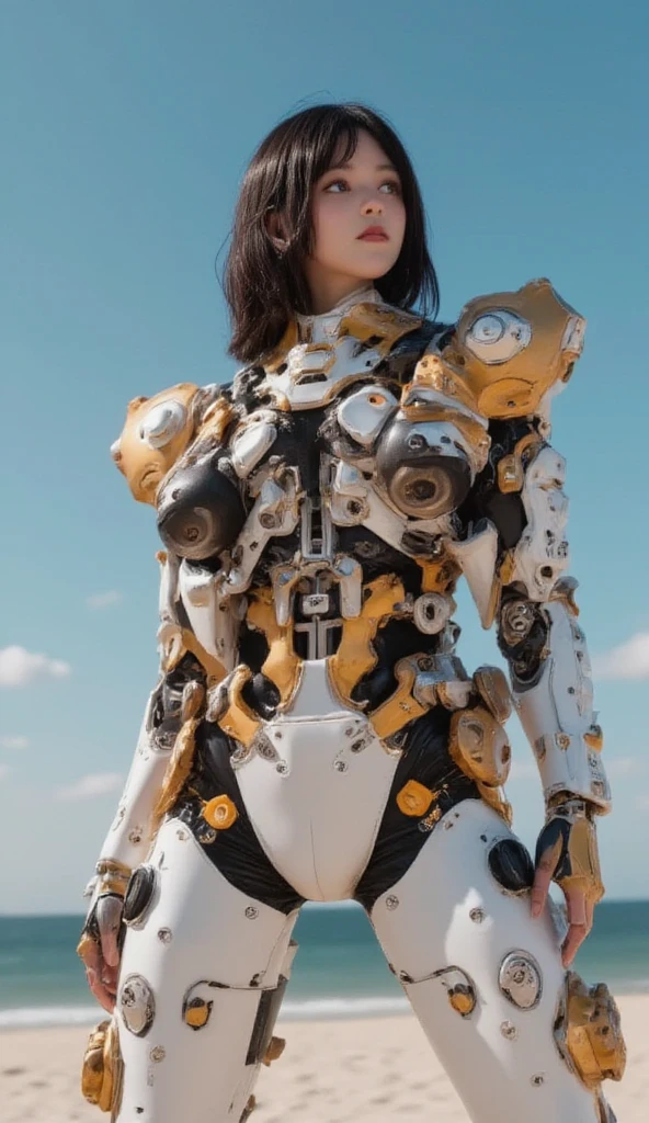  Cute Female Robot  , big shoulder armor、heavy weapons,  Glowing Joints and Gaps  , 新  super detailed  ,  brightly colored  ,  dynamic pose,  highly detailed face and eyes  , Intricate mechanical design with glowing white joints and gaps , Glowing Parts 、 amazing on the beach, black body photorealistic,  cinematic lighting,  soft lighting ,  chiaroscuro,  cinematic lighting、8k, masterpiece, U high res , retina, masterpiece, Accurate, 解剖学的にAccurate ,  textured skin  ,  super detailed  ,  high detail ,  High Quality  , Award winning  , 最  High Quality  , high res, 1080P, high res, 16k,  black hair、 twin braids ,  medium breasts,  messy hair, two-tone、Tai Chi Pose、 blue sky、 black hair、 Female Robot Looking Up at the Sky 、  Full Body Portrait 、Jenna Ortega、