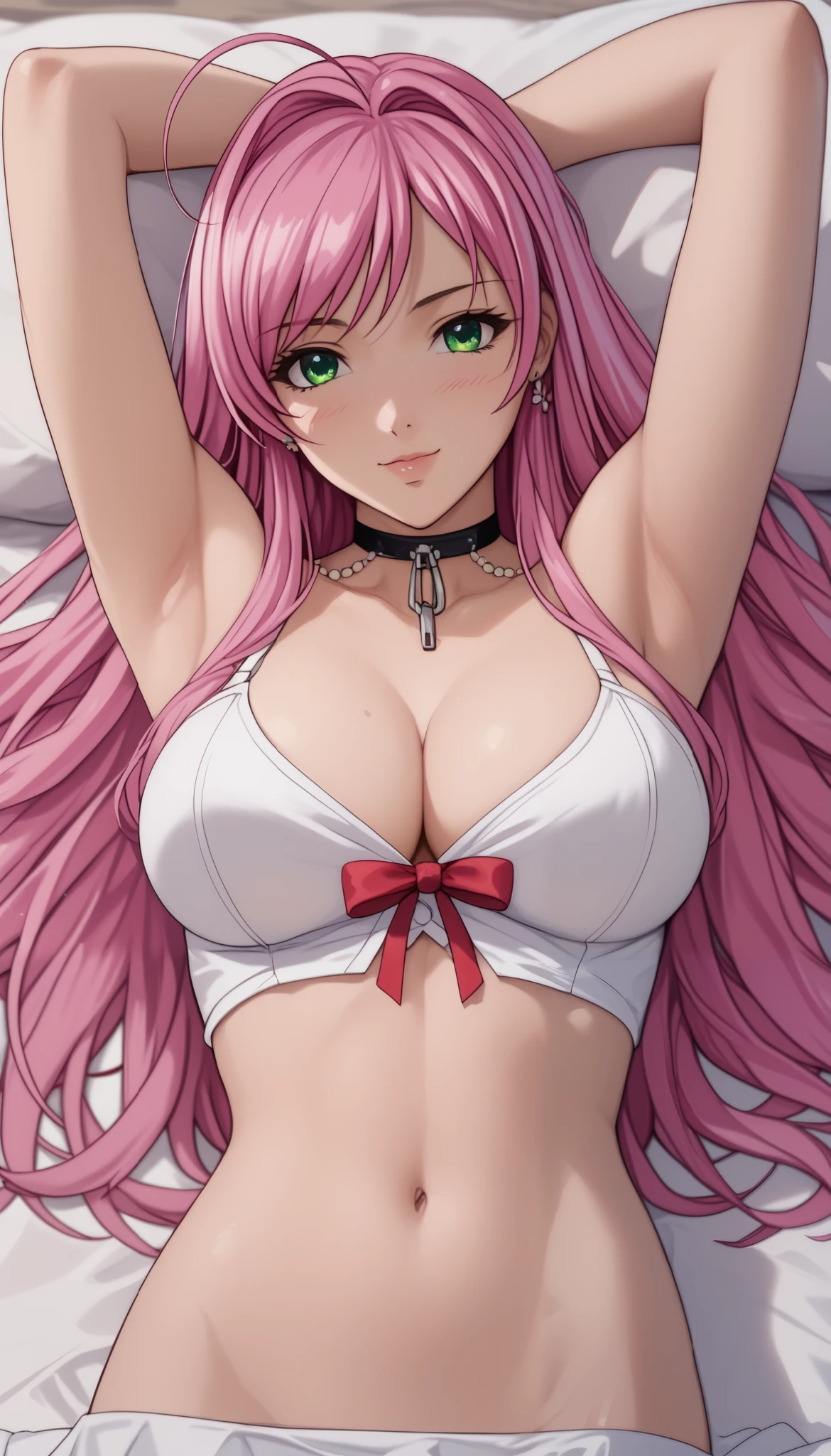 normal moka akashiya, long hair, green eyes, pink hair, ahoge, large breasts, arms up behind、Shiny Hair、Tight waist、Small waist、Glowing Skin、lying on the bed、bedroom background , eight-headed body、Beauty、naked ribbon, ribbon, red ribbon, navel, cleavage、