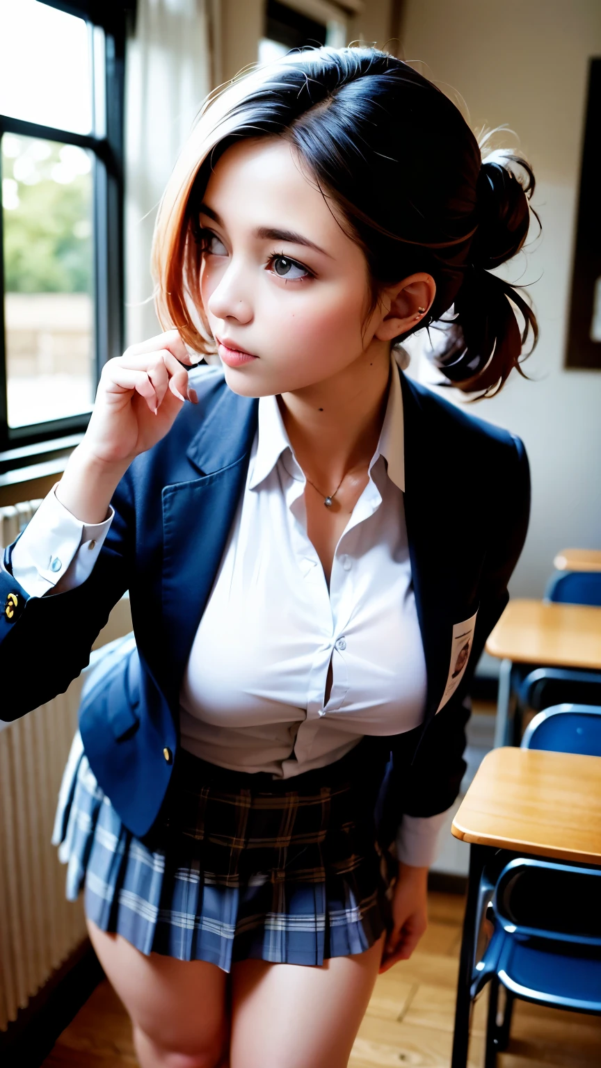 masterpiece, best quality, illustration, Super detailed, fine details, High resolution, 8K,wall paper, perfect dynamic composition,(Details High quality, realistic depiction of eyes:1.3), from side, High School Classroom、High school girl uniform、blazer 、Super Short Check Uniform Skirt、Navy blue high socks、garterbelts、Colossal 、Disturbed uniform, (updo:1.2), black hair color, large breasts, Big Natural Color Lip, bold sexy pose, (perfect body shape), crying a little、cold gaze, Harajuku style、20 year old girl、cute type, beautiful legs, hposing Gravure Idol, Voluptuous thighs