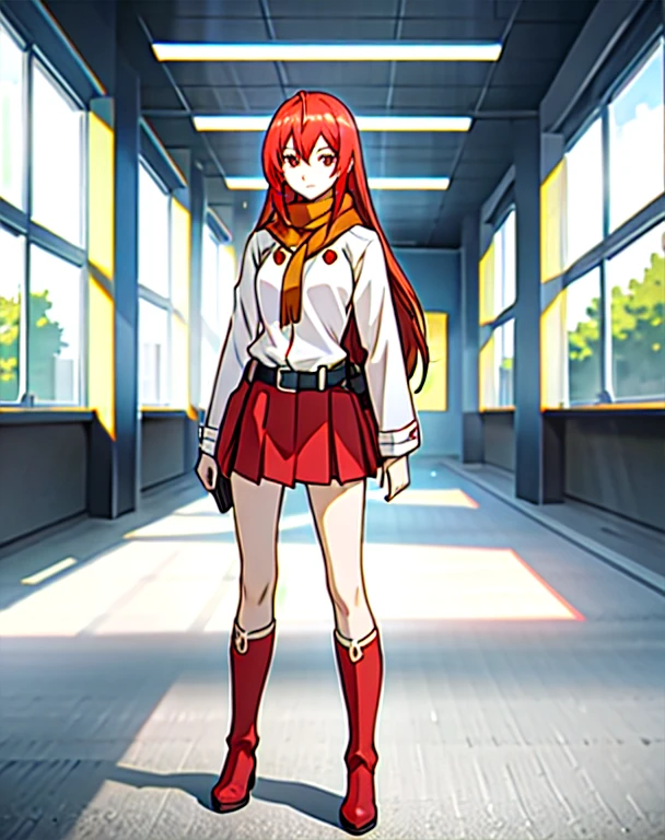 (masterpiece,ultra-detailed,best quality,8K,CG,illustration,shaved:1.0),solo focus,1girl, Hakaze,long hair,red hair,red eyes, BREAK scarf,long sleeves,red skirt,belt,knee boots,indoors BREAK looking at viewer,full body