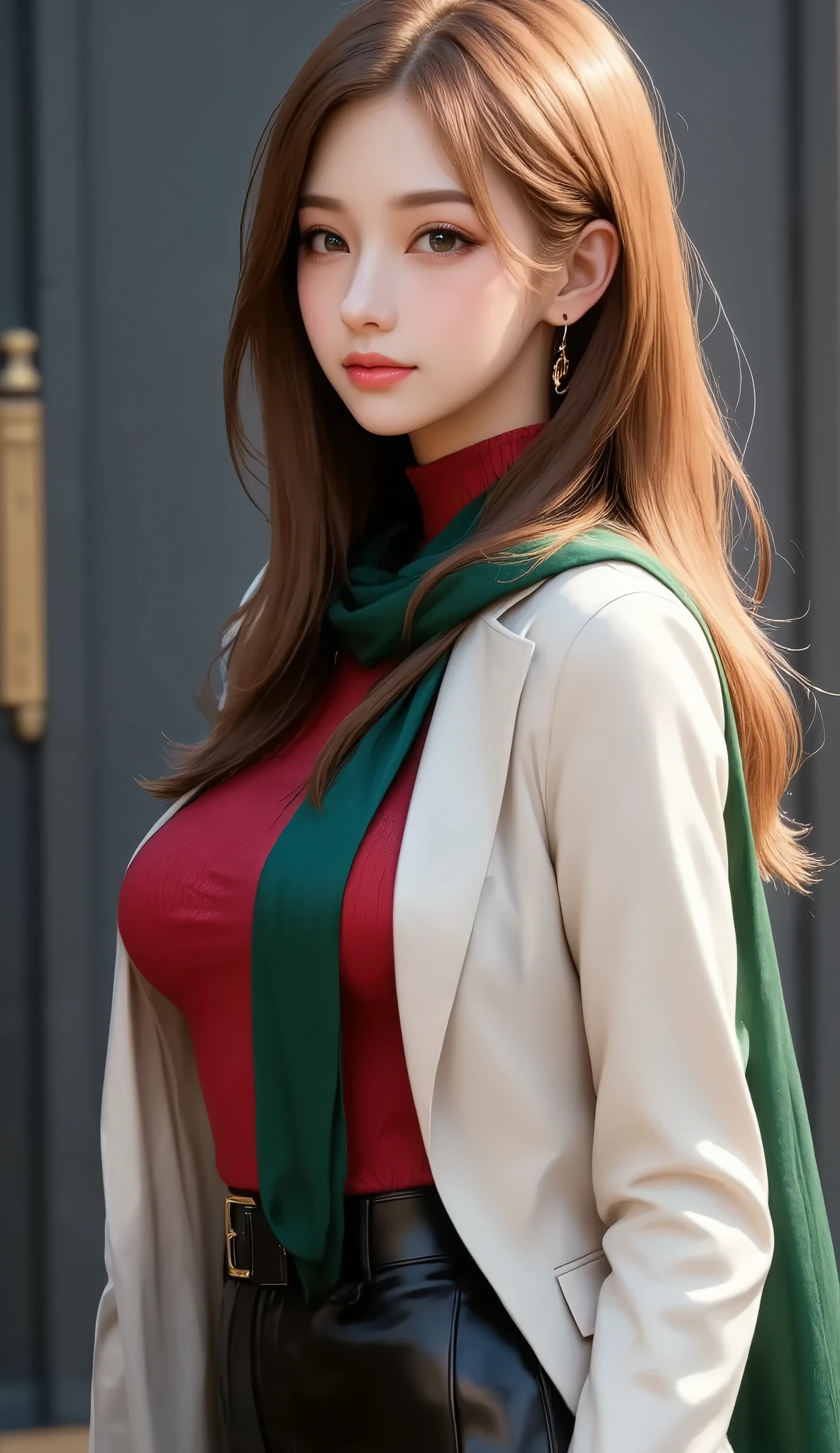 red middle length hair woman with green eyes in fine clothes