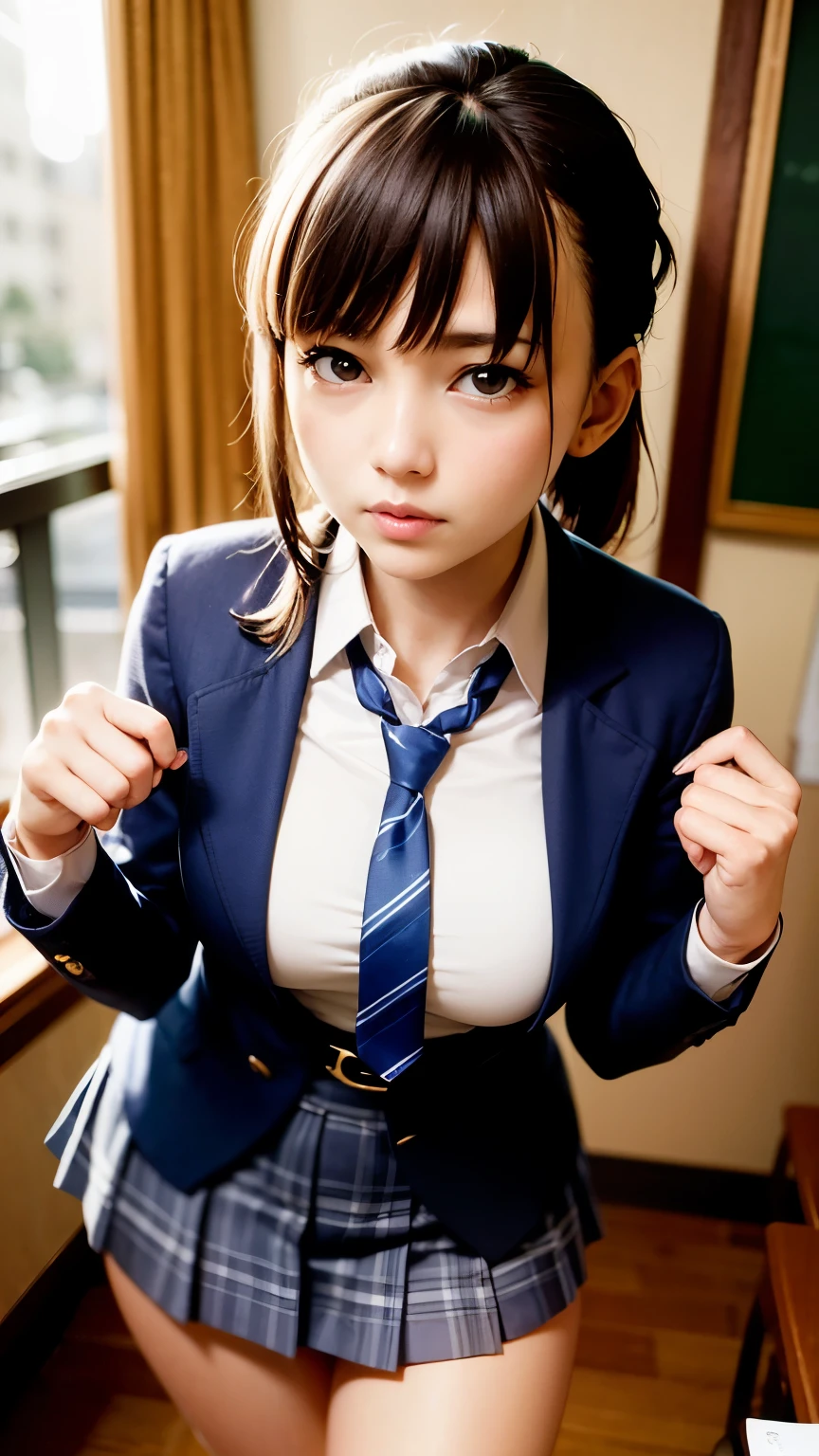 masterpiece, best quality, illustration, Super detailed, fine details, High resolution, 8K,wall paper, perfect dynamic composition,(Details High quality, realistic depiction of eyes:1.3), from side, High School Classroom、High school girl uniform、blazer 、Super Short Check Uniform Skirt、Navy blue high socks、garterbelts、Colossal 、Disturbed uniform, (updo:1.2), black hair color, large breasts, Big Natural Color Lip, bold sexy pose, (perfect body shape), crying a little、cold gaze, Harajuku style、20 year old girl、cute type, beautiful legs, hposing Gravure Idol, Voluptuous thighs