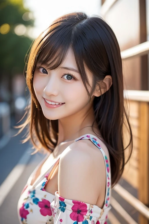 A Japanese model woman is wearing a dress and taking pictures, sexy floral dress,  Gorgeous Young Japanese Woman ,  beautiful women,  Japanese girl ,   beautiful young Japanese woman ,  Open dress,   sophisticated gravure idol,   looking at camera、 Detailed Beautiful Eyes 、 cute smile、 a soft and gentle expression 