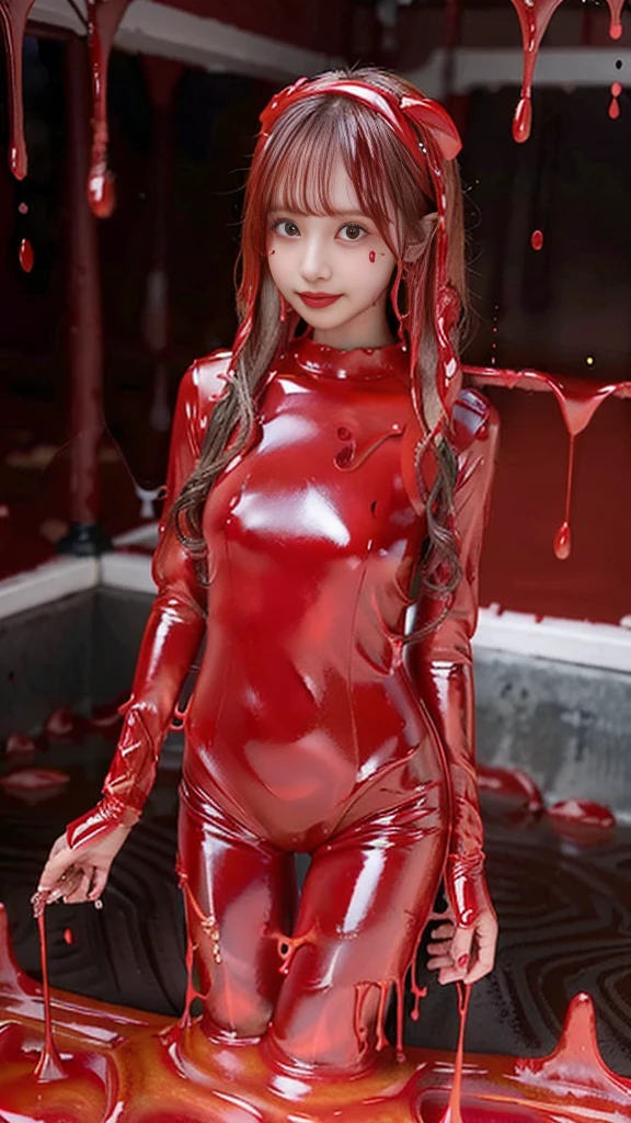 ((masterpiece, top quality,Ultra delicate, perfect face,  detailed eyes,16k,   high definition   ,  very cute red slime girl )),((Highly viscous slime with red whole body:8.0,The whole body liquefies to mush and melts :7.5,  legs of red slime dissolved in mud {x} legs of red slime dissolved in mud:9.0,, red latex bodysuit with red slime dissolved in mud:9.0 ,Red slime arms melted into mud,Red liquid is dripping from my whole body)),sharpness,  clear  , amazing depiction techniques , long hair,(  1 girl), Big Breasts,smile:1.4,   , Red Slime Floor,full body shot,standing:2.0,indoor