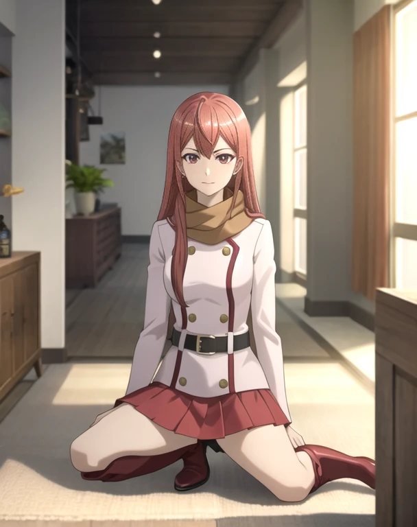 (masterpiece,ultra-detailed,best quality,8K,CG,illustration,shaved:1.0),solo focus,1girl, Hakaze,long hair,red hair,red eyes, BREAK scarf,long sleeves,red skirt,belt,knee boots,indoors BREAK looking at viewer,full body