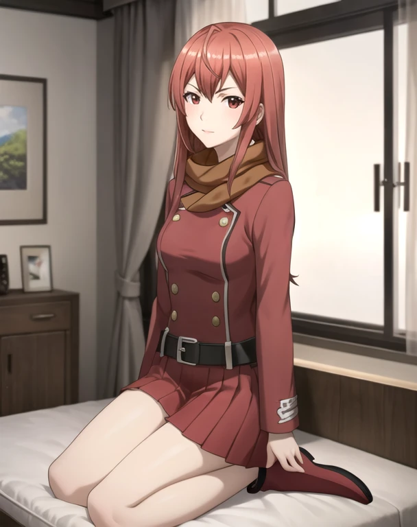 (masterpiece,ultra-detailed,best quality,8K,CG,illustration,shaved:1.0),solo focus,1girl, Hakaze,long hair,red hair,red eyes, BREAK scarf,long sleeves,red skirt,belt,knee boots,indoors BREAK looking at viewer,full body