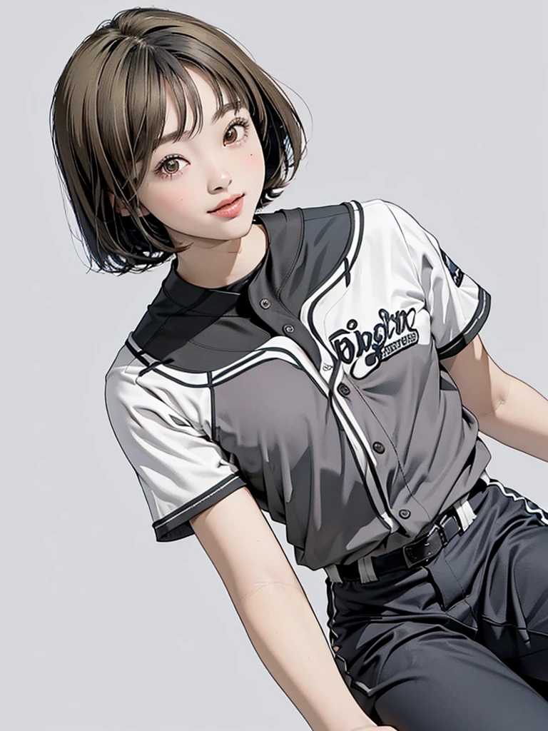 Create an "baseball game" scene where a beautiful dark gray-eyed Japanese young highschool girl ,(((neon color highlight hair,ash  color hair, hair style,))、((Flat color)),between legs,((simple background))、
best smile,1girl,solo

BRAKE
((ultrafine line art:0.9)),(2.7dimension)

BRAKE

(((baseball uniform outfit, ))),look away、cinematic angle,
