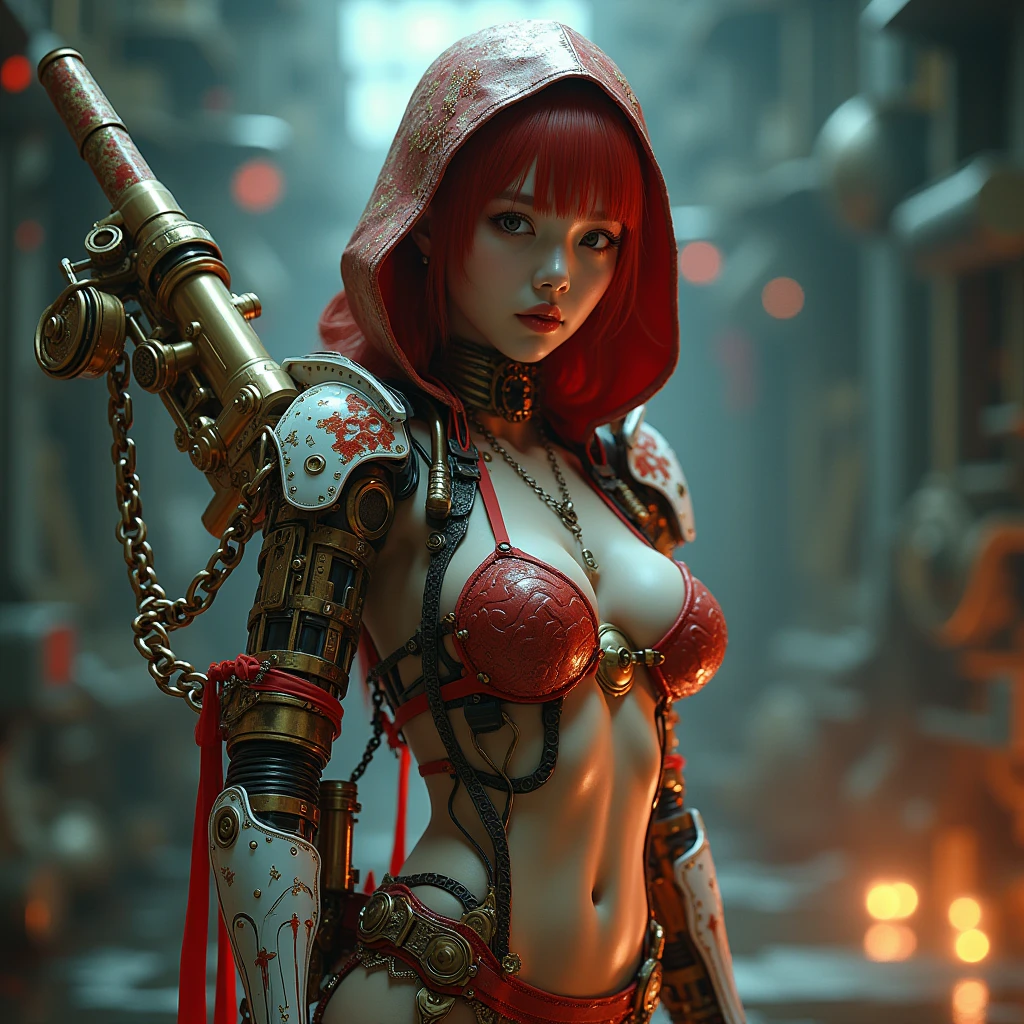 ((masterpiece:1.4)、(top-quality:1.4)、(reallistic:1.7))、Space Warrior、Beauty Warrior、Sexy Daughter、1girl in、latex shiny、Latex bodysuit、By Luis Royo、age19、Super Ultra Ultra Bikini、Looking Back Beauty、Outstanding style、Slender Abs、beauty legs、Beautiful ass、A detailed eye、beautidful eyes、Raw photo、red-lips、Red boots、a choker、a necklace、耳Nipple Ring、Combat in the ruins of an ancient city of the planet