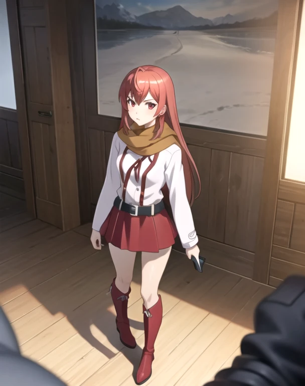 (masterpiece,ultra-detailed,best quality,8K,CG,illustration,shaved:1.0),solo focus,1girl, Hakaze,long hair,red hair,red eyes, BREAK scarf,long sleeves,red skirt,belt,knee boots,indoors BREAK looking at viewer,full body