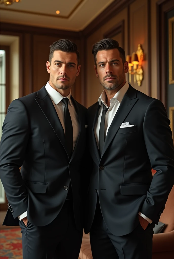 two handsome  vampire  males , gay couple ,refined ,   full body  hunk , ,ultra realistic  ,  spanish men  , ,  , romantic , shirtless  , beefcake , shading , shade , tanned , attractive , beefcake , hispanic , full length , wide view ,  realistic    standing next of them¨*,  a handsome dark haired male  extremely handsome, elegant,  clean shaven , both wearing a black jockstrap thong, ,  hunk  , desire , seductive , stud  , hunks  , hunk , handsome hunk ,romantic, black suit ,  , standing in front of each other , refined , redifined , roses , rose 